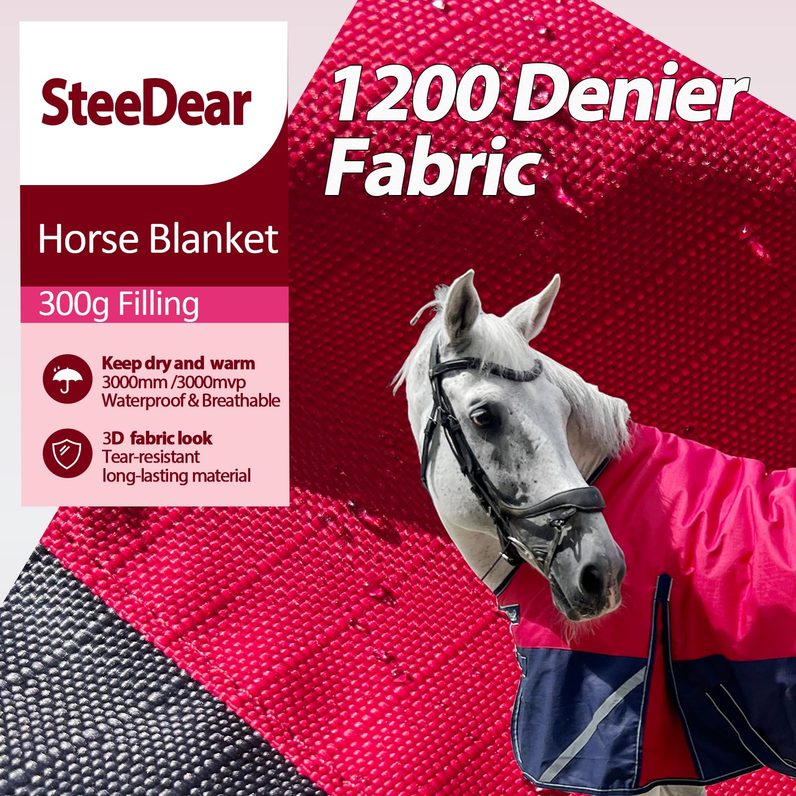 Coperta invernale impermeabile e traspirante per cavallo, 300 g, 1200 D, calda, con strisce riflettenti (rosso/blu, 203 cm)