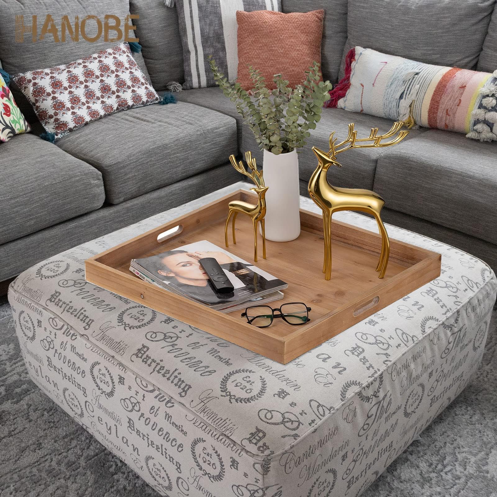 Hanobe Vassoio quadrato grande ottomano: vassoi extra large in legno rustico decorativo per tavolino da caffè ottomano con manici per soggiorno marrone