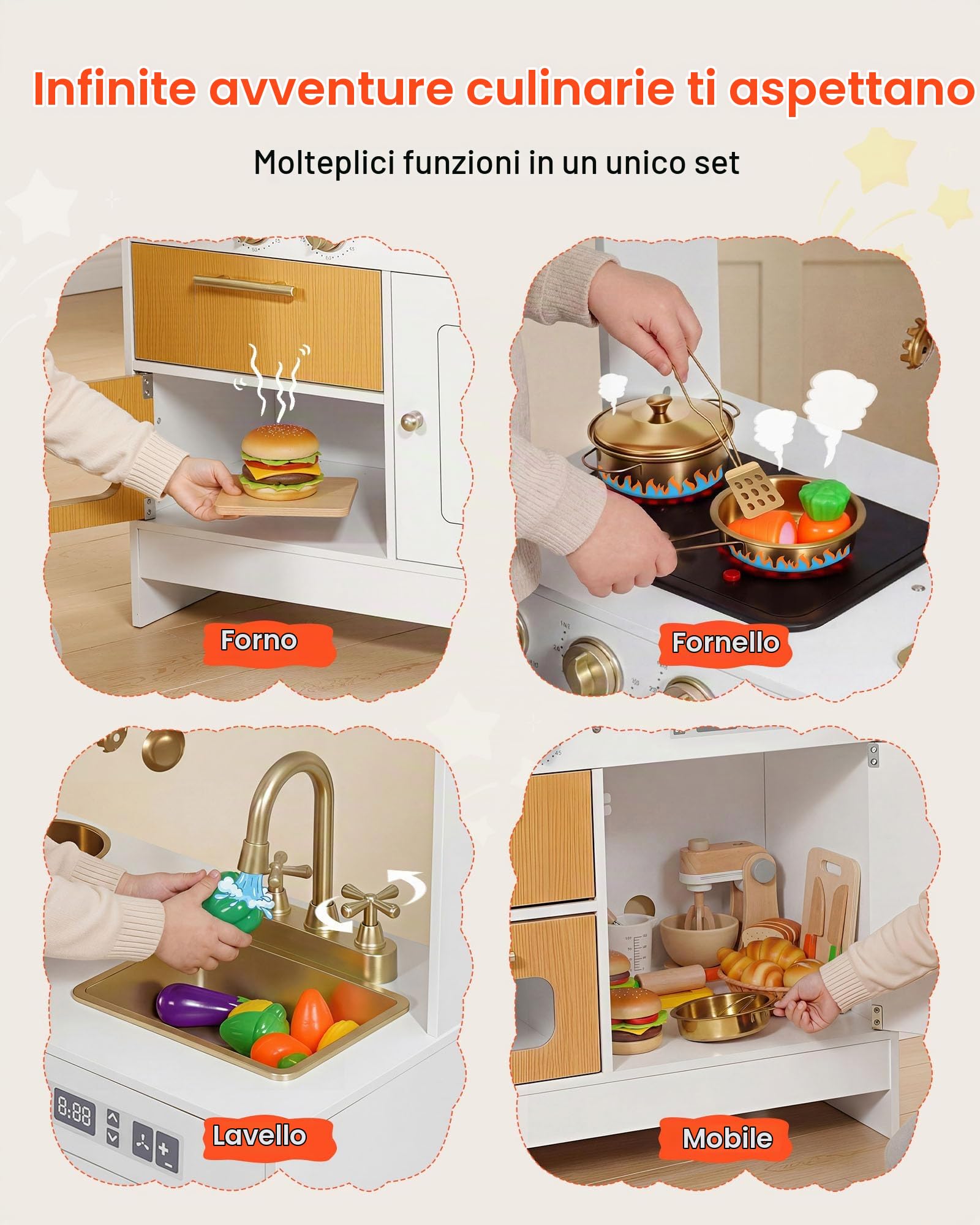 VEVOR Cucina Giocattolo per Bambini in Legno, Set Cucina Giocattolo da Interno con Luci e Suoni Realistici, Cibo e Pentole, Microonde e Forno con Manopole, Gioco di Ruolo, per Bambini da 3 a 8 Anni