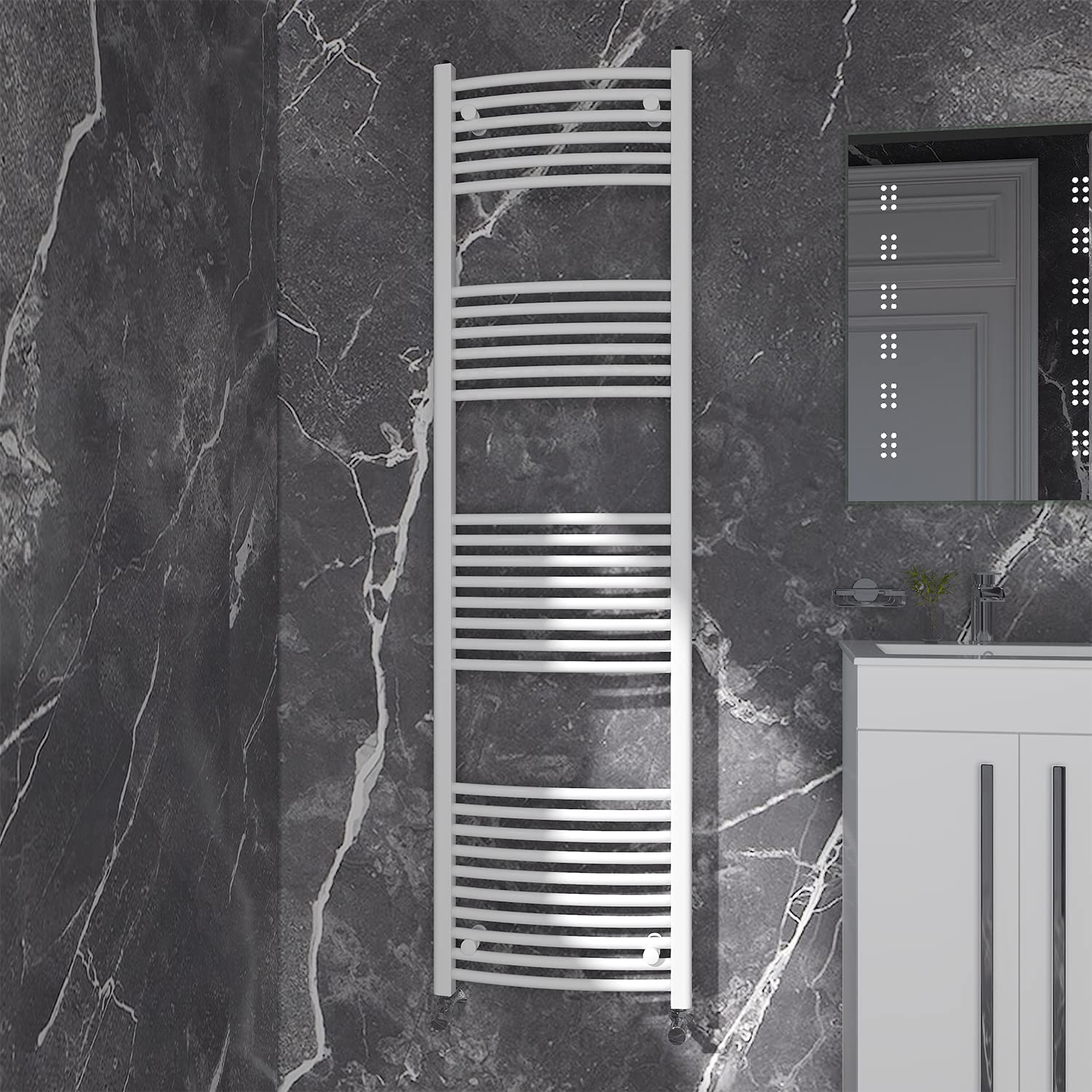 NRG Gloss White Curved Central Heating Towel Rail Bathroom Heated Rad Radiators Ladder Warmer - 1800×500mm