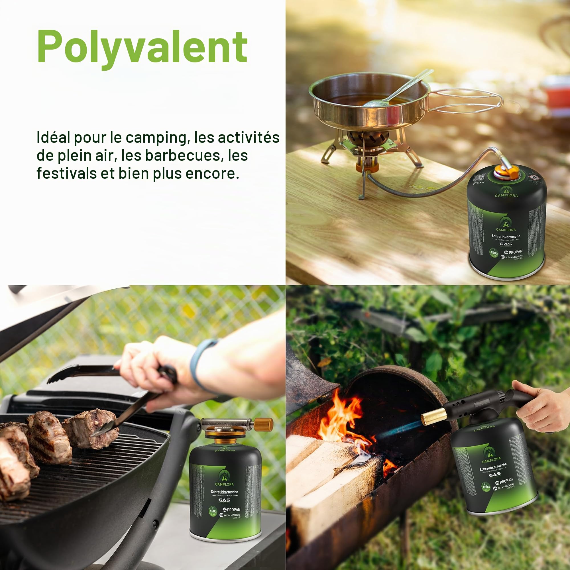 CAMPLORA Lot de 4 cartouches de gaz de 450 g compatibles avec barbecue à gaz Weber série Q100/1000, propane et butane, cartouche à visser avec filetage pour réchaud de camping, cartouches de gaz