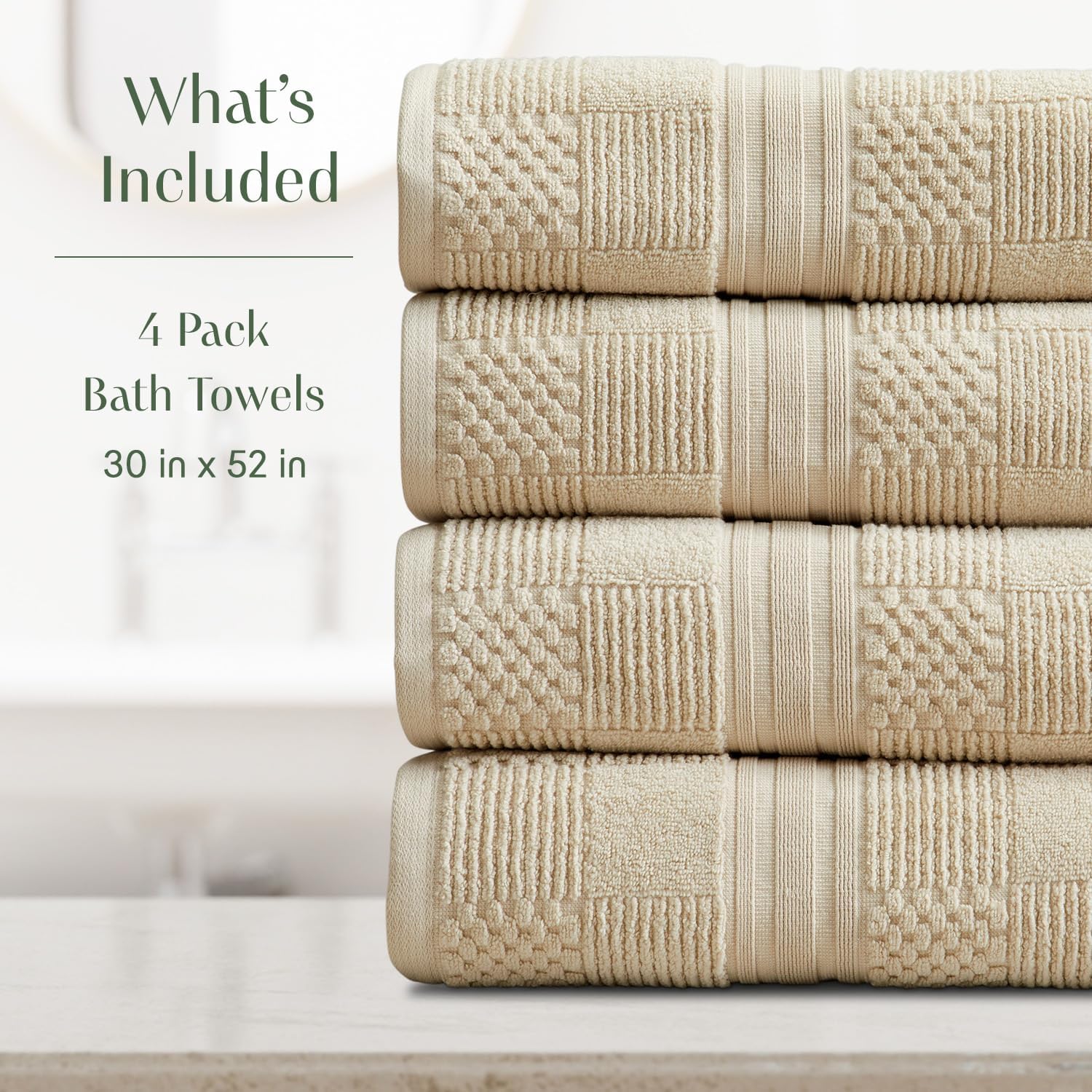 Springtree Home 100% Cotton Bath Towel Set of 4 | Beige Towels | Geometric Textured Design | Absorbent & Quick-Dry | 4 Bath Towels | Oeko-TEX® Standard 100 Cotton | Myla Collection - Sandshell - Image 2