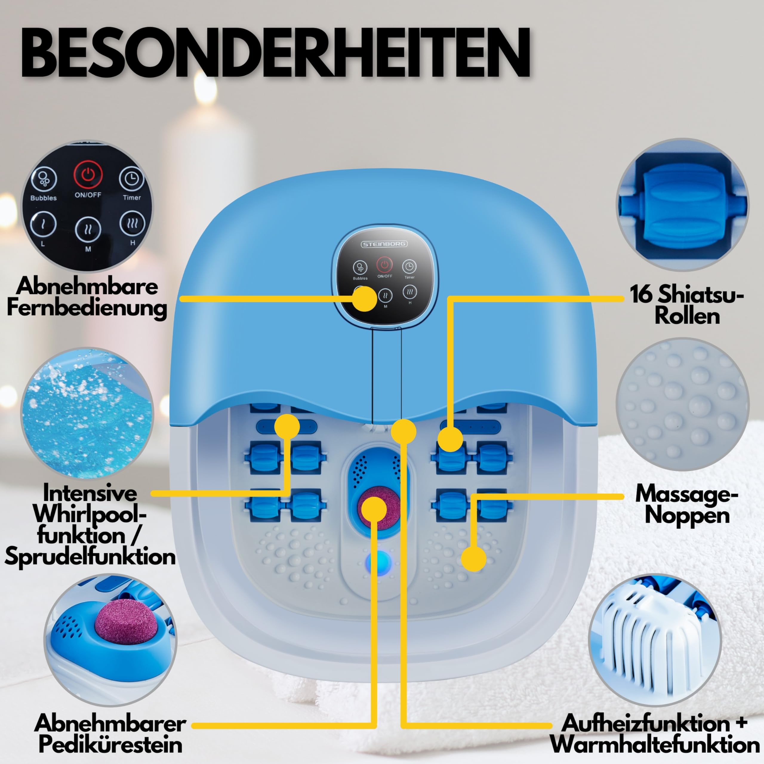 Fußsprudelbad mit Massage und Heizfunktion | Fußmassagegerät elektrisch | 24 Shiatsu Rollen | Wärmefunktion | Vibration | faltbar | Fernbedienung | Fußreflexzonen Massage | 35-47°C