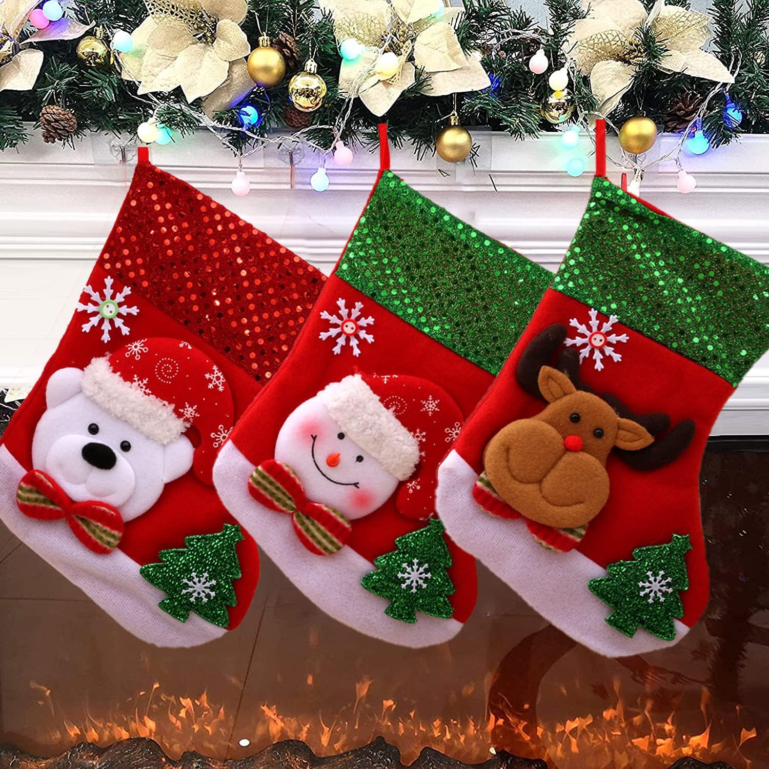 3D Christmas stocking, gifts,and gift bags for holiday decoration, custom design of Christmas reindeer, Christmas tree fireplace hanging socks(3 packs)