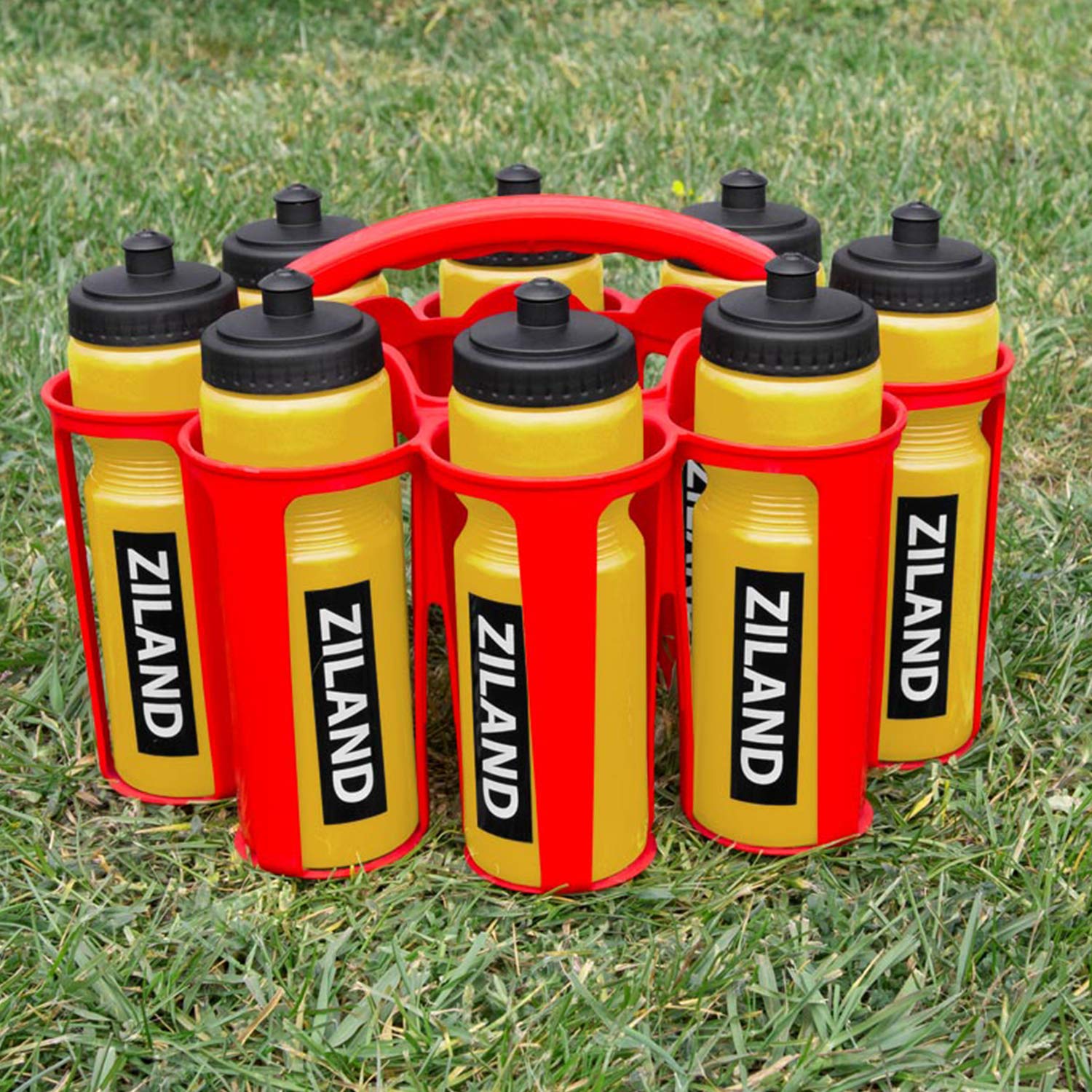 Ziland Academy Easy Squeeze Water Bottle Set - [8 x 700ml Bottles 1 x Carrier] [Choose Your Colour] Designed for Sport Teams (Yellow - Red Carrier)