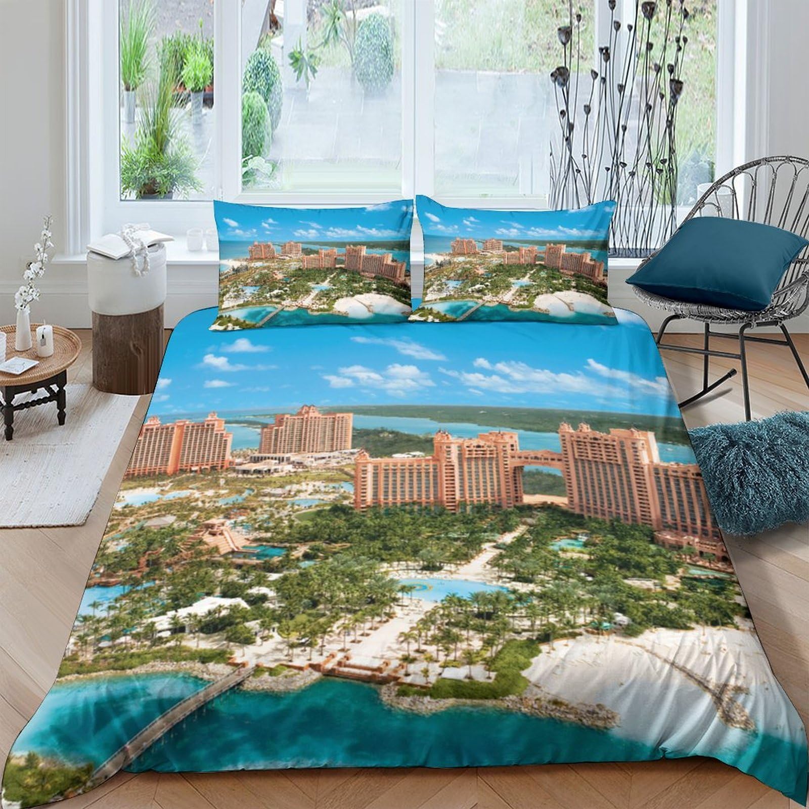 P5V6M1Q9 3D Printed Beach Resort Duvet Cover Microfiber Soft Breathable Ocean View Bedding Set with 2 Pillowcases for Bedroom Décor Single（135x200cm）