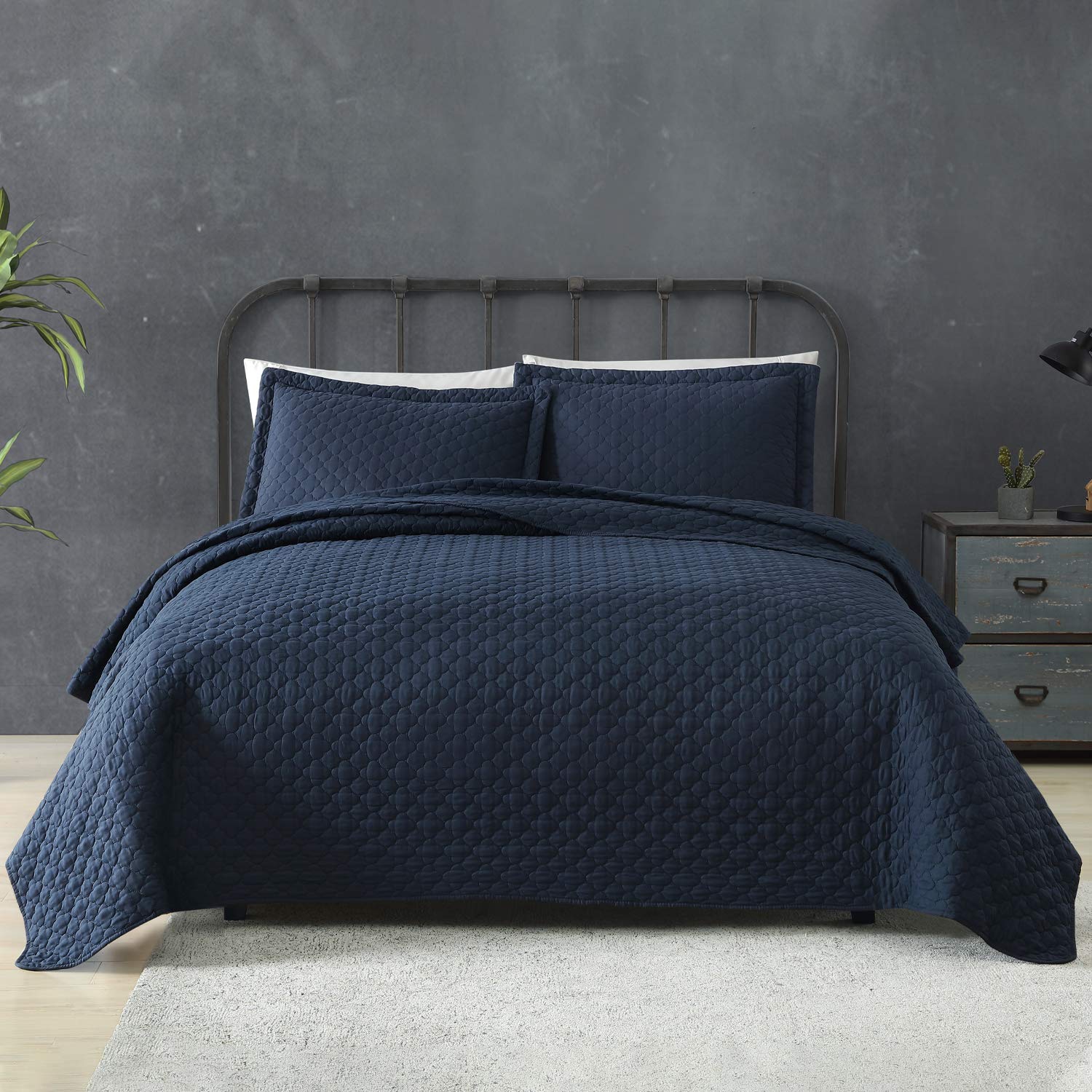 Tempcore Quilt Queen Size Navy Blue 3 Piece,Microfiber Lightweight Soft Bedspread Coverlet for All Season,Full/Queen Navy Blue,(1 Quilt,2 Shams)