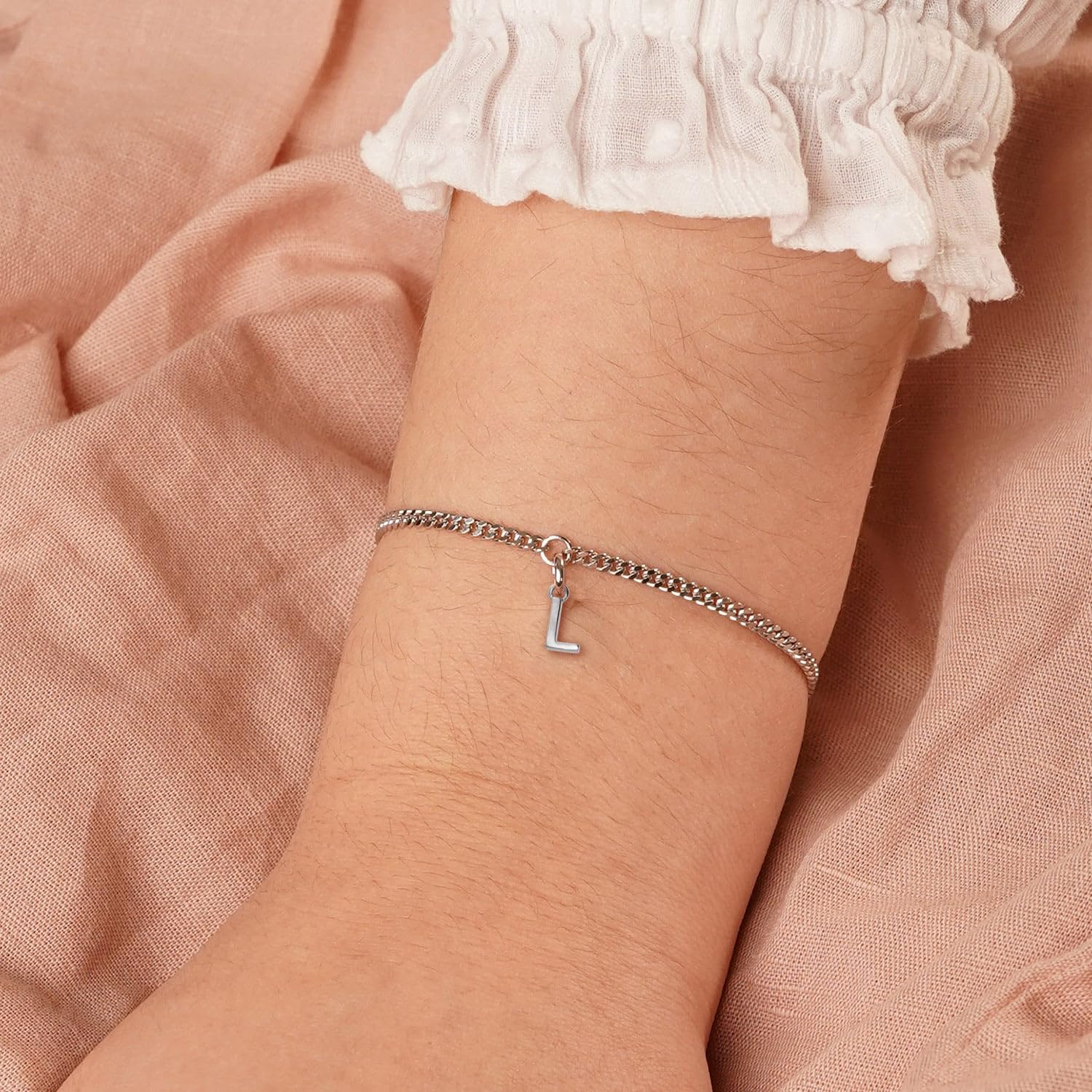 trendor Bracciale da ragazza con lettera L, argento 925, rodiato, 21590-L | Bracciale a maglia piatta con taglio a diamante, elegante bracciale per giovani donne,