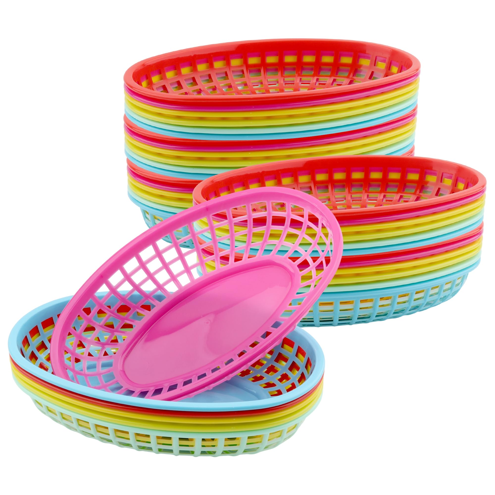 36 Stück Bunte Fast Food Körbe Kunststoff, 23 x 14,5 x 4 cm Fast Food Korb Ovale, Mehrfarbig Brotkörbe Servierkörbe aus Plastik für Pommes, Sandwiches, Burger, Brot