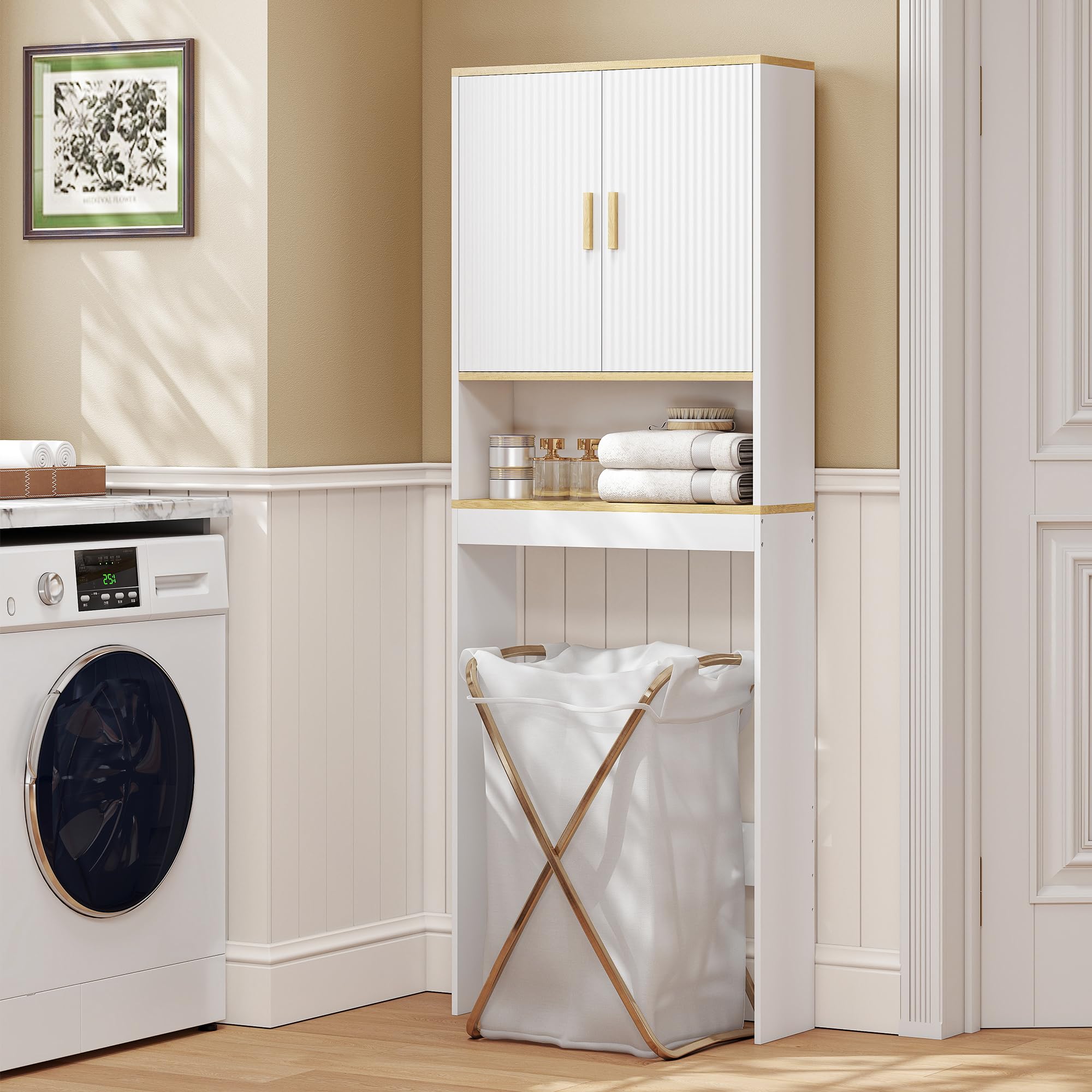 HOMCOM Estantería para Baño sobre Inodoro, Mueble Organizador de Baño de 3 Niveles con Estante Abierto, 2 Puertas y Estante Ajustable, 64x20x170,5 cm, Blanco