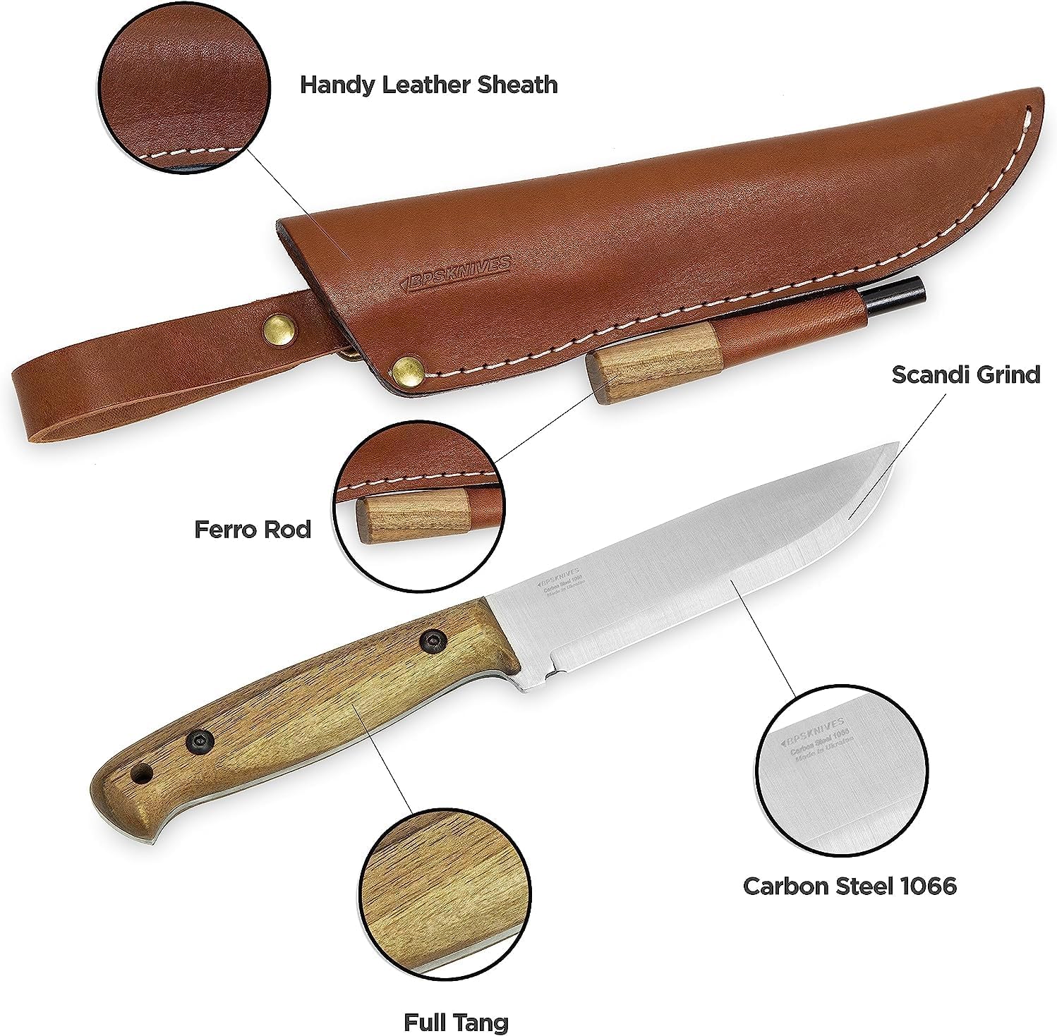 BPS Knives - Adventurer - Bushcraft Axe - Fixed-Blade Carbon Steel Knife with Leather Sheath and Firestarter - Survival Carbon Steel Hatchet