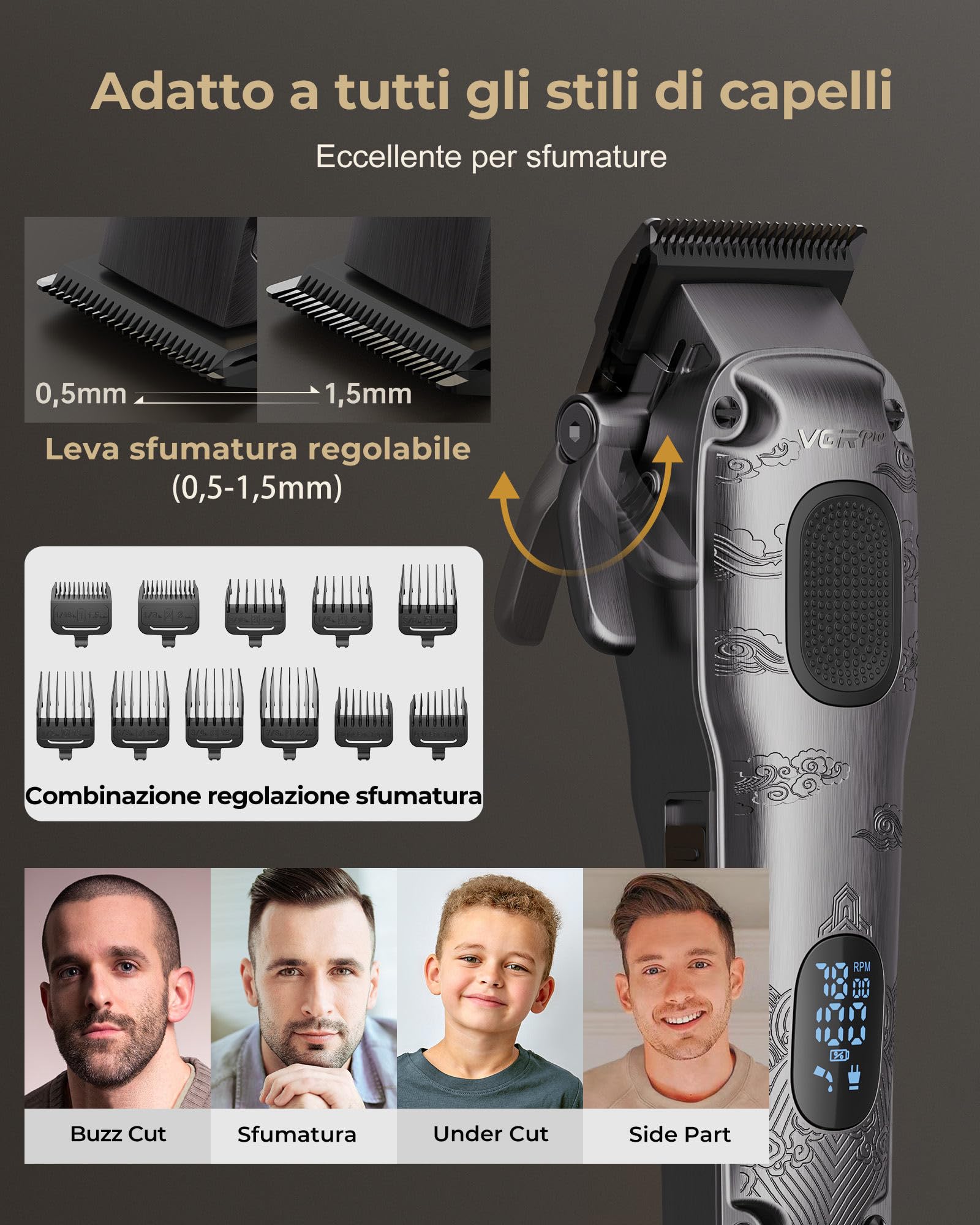 Vgrpro Tagliacapelli uomo professionale, Tagliacapelli Senza Fili per Macchinetta per Capelli, set di Capelli Trimmer e Taglia capelli uomo elettrico Con confezione (Grigio)