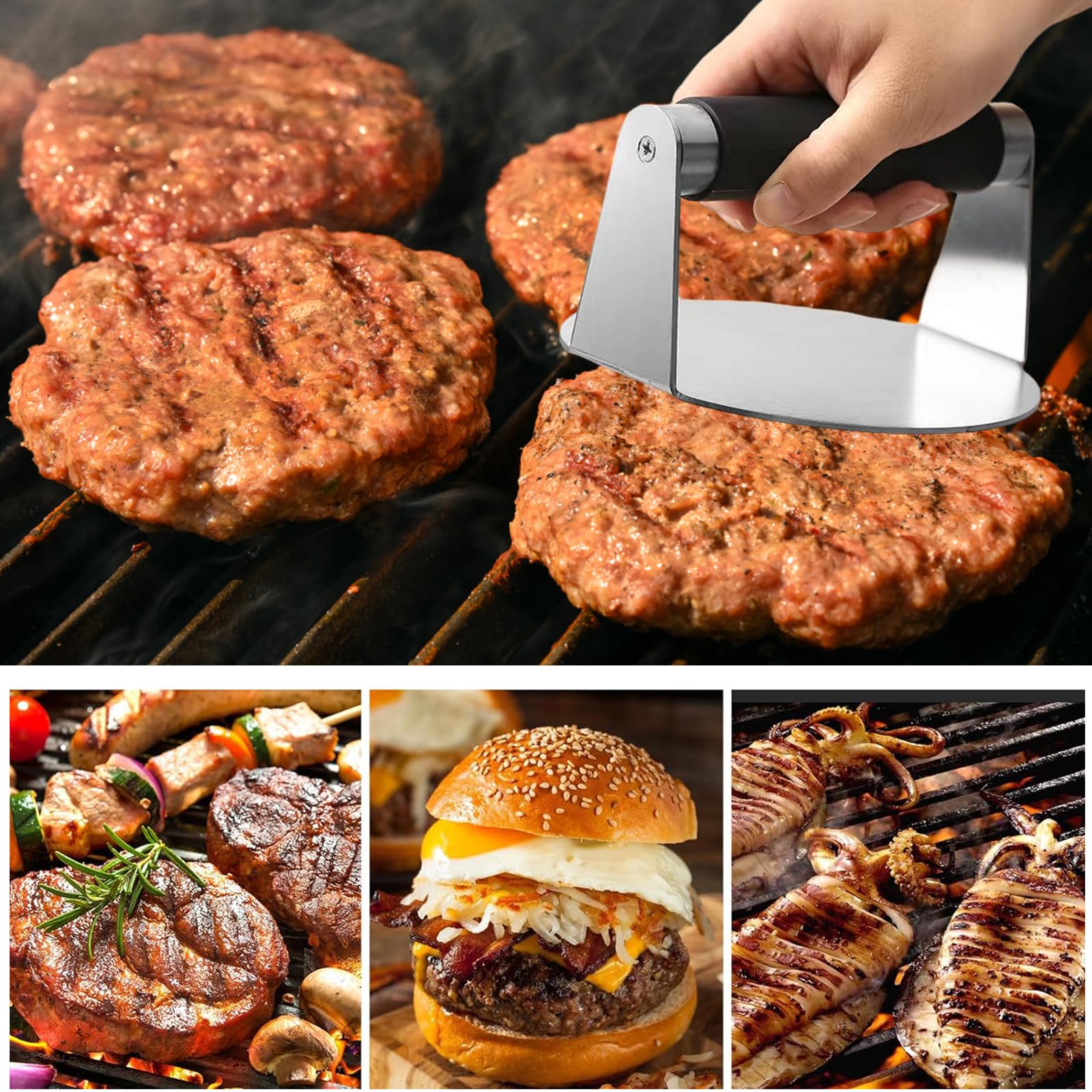 Smash Burger Pressa 5,5'', Professionale Forma Rotonda Pressa in Acciaio Inox 304 Inossidabile per Hamburger, Biscotti & Polpette BBQ Ergonomico, Facile Pulire & Multiuso, Cucina Creativa