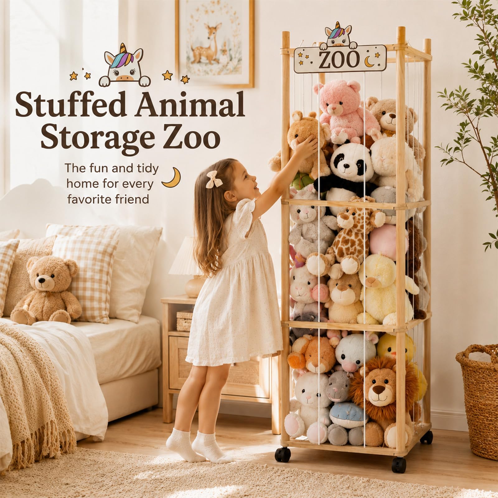 Porta Peluche, Contenitore per Animali di Peluche in Legno a 3 Piani con Rete e Ruote 360° Freno, Supporto per Animali Ripieni con Rete, 136x41x41 cm, per le Camere dei Bambini, i Soggiorni