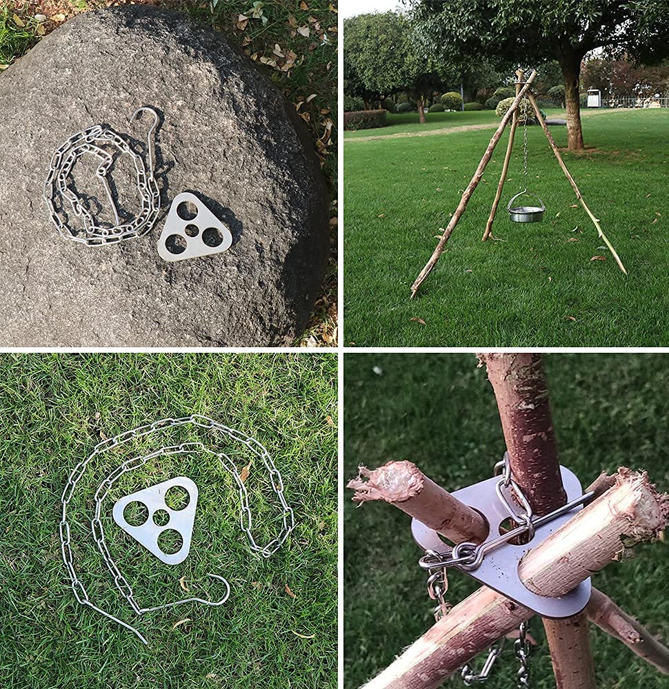 Trépied Feu De Camp Gril Camping Acier Inoxydable Avec Chaîne Réglable
