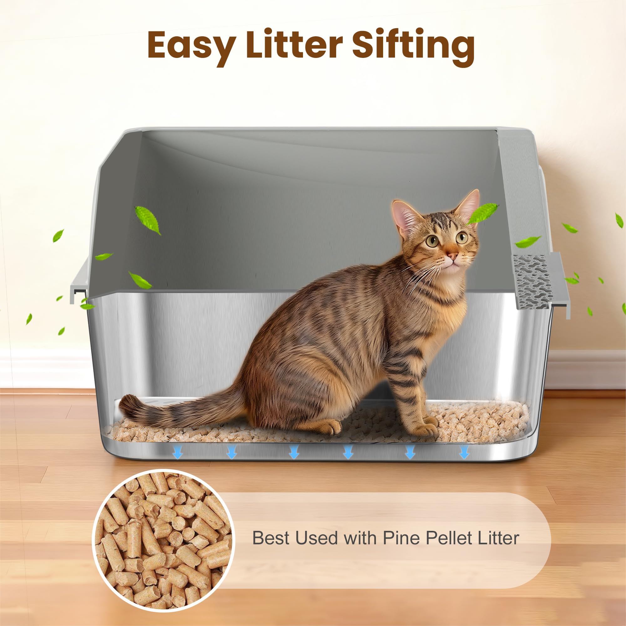 TIUUBT Stainless Steel Sifting Litter Box for Pine Pellets, Sifting Cat Litter Box with Sifter, High Side for Small Cats, Anti-Leakage, Odor Control, Includes Scooper, 17.7" x 13.8" x 11" - image 3
