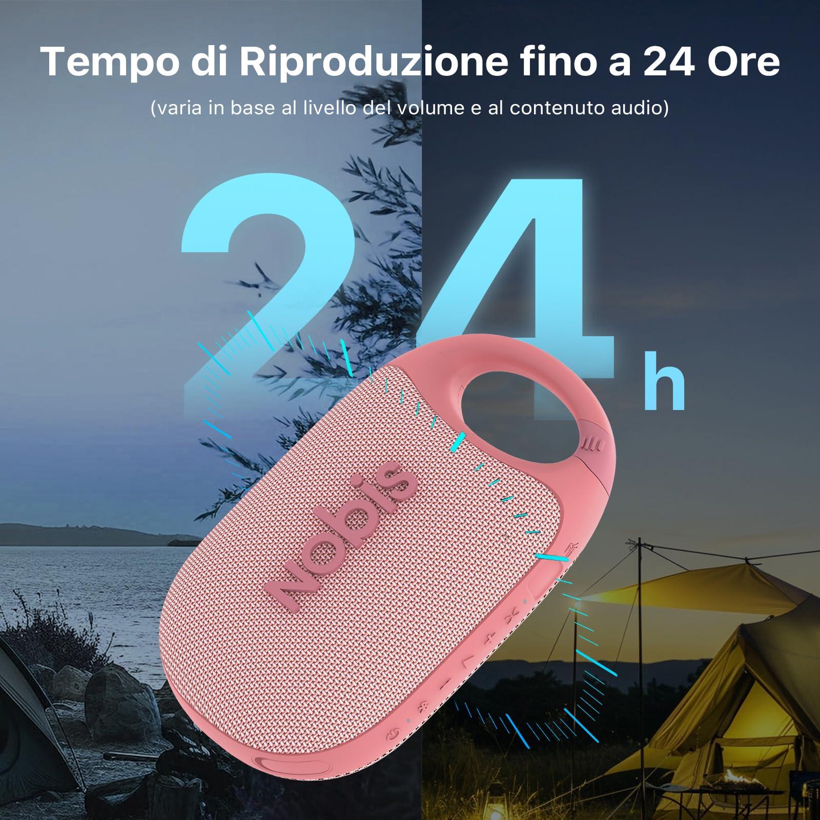 NOBIS Cassa Bluetooth Portatile Clip N1,Cassa Bluetooth Doccia IP68, Fino a 24h di Riproduzione, BT 5.3, Suono HD, Accoppiamento Stereo, EQ Mode e Modalità Beat
