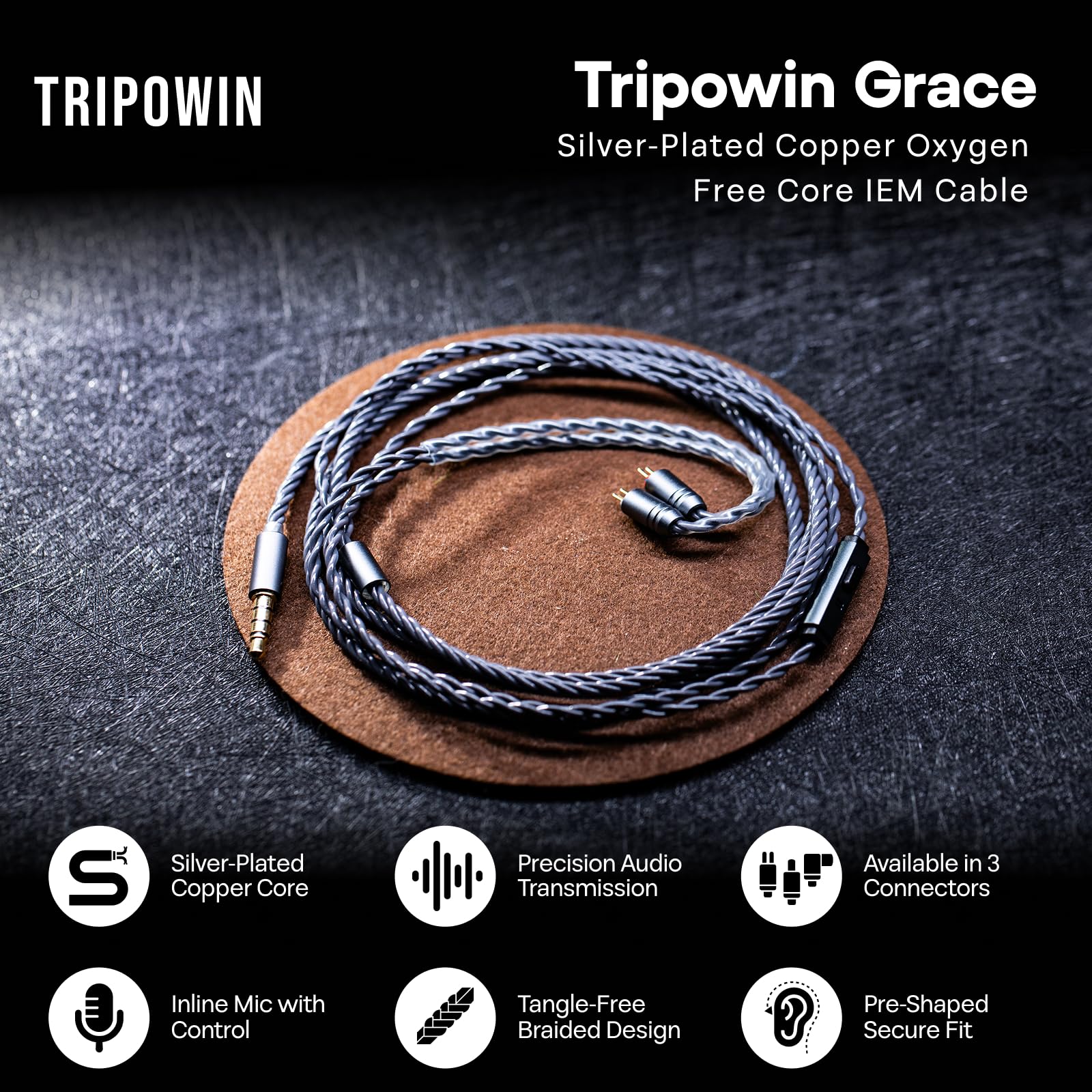 Tripowin Grace - Cable de auriculares desmontable OFC chapado en plata con micrófono, cable de actualización HiFi de 0.78 mm de 2 pines para audiófilos, diseño sin enredos y controles