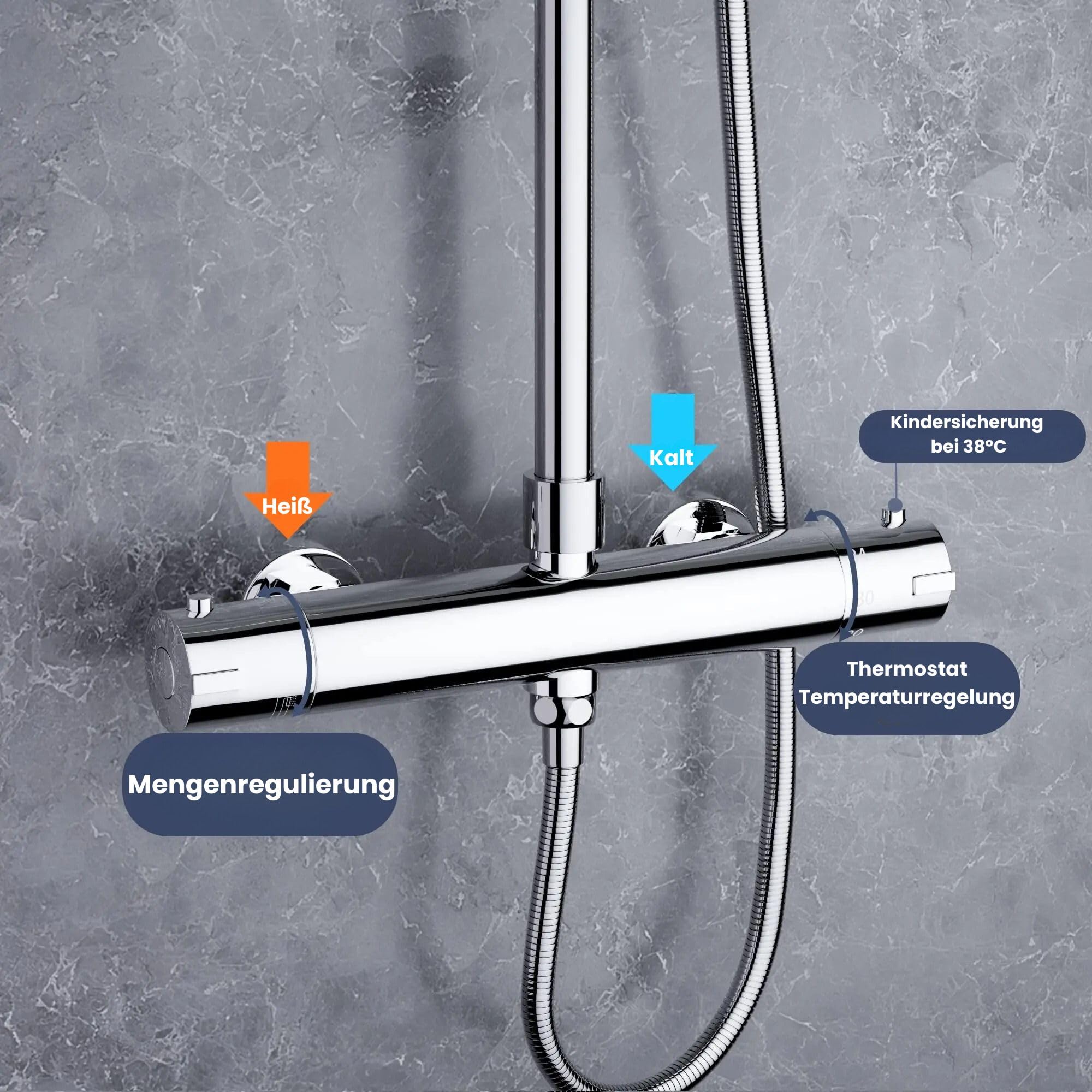 Highline Pro kolumna prysznicowa, termostat, z deszczownicą i słuchawką prysznicową chromowaną, kompletny zestaw prysznicowy z deszczownicą ze stali nierdzewnej, 3 funkcje