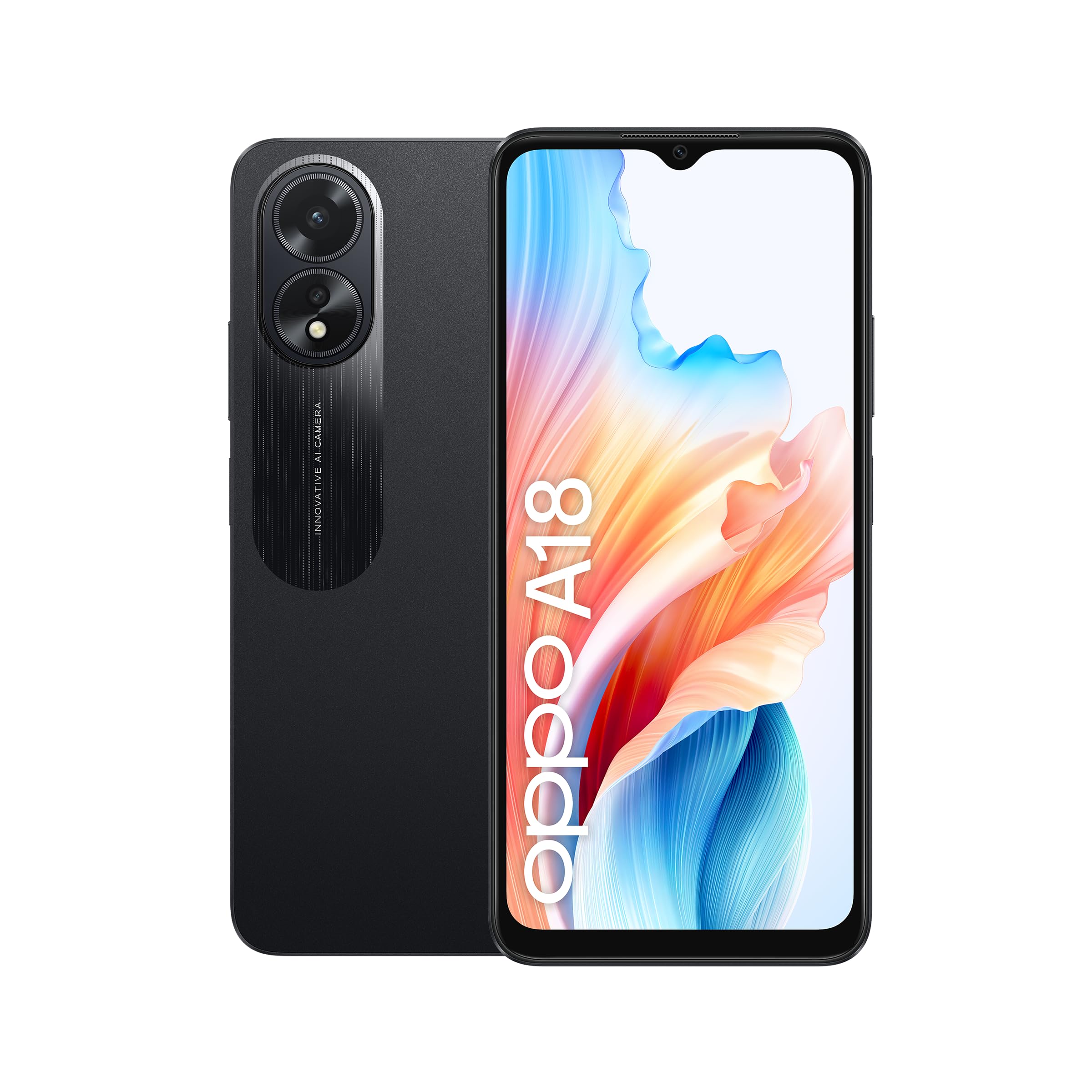 OPPO A18 Smartphone, AI Doppia Fotocamera + Flash, Selfie 5MP, Display 6.56” 90HZ LCD HD+, 5000mAh, RAM 4 (Esp 1GB/2GB/4GB)+ROM 128GB (esp1TB), IP54, Supporto Auto Versione Italia, Glowing Black