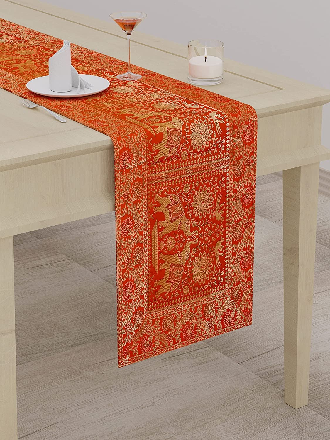 E-Ezra Silk Banarsi Brocade Traditional Table Runner for Dining Table 4 & 6 Seater Table Cloth Rectangle Coffee Table Cloth / 152 cm (Orange) (B0BZJ21L8C) Amazon Price History, Amazon Price Tracker