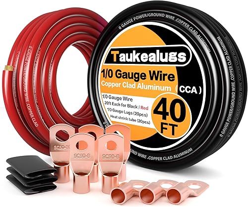 Taukealugs Cable de calibre 10 de aluminio revestido de cobre CCA de 40 pies negrorojo con terminales 0ga y tubo termorretráctil  Cable de