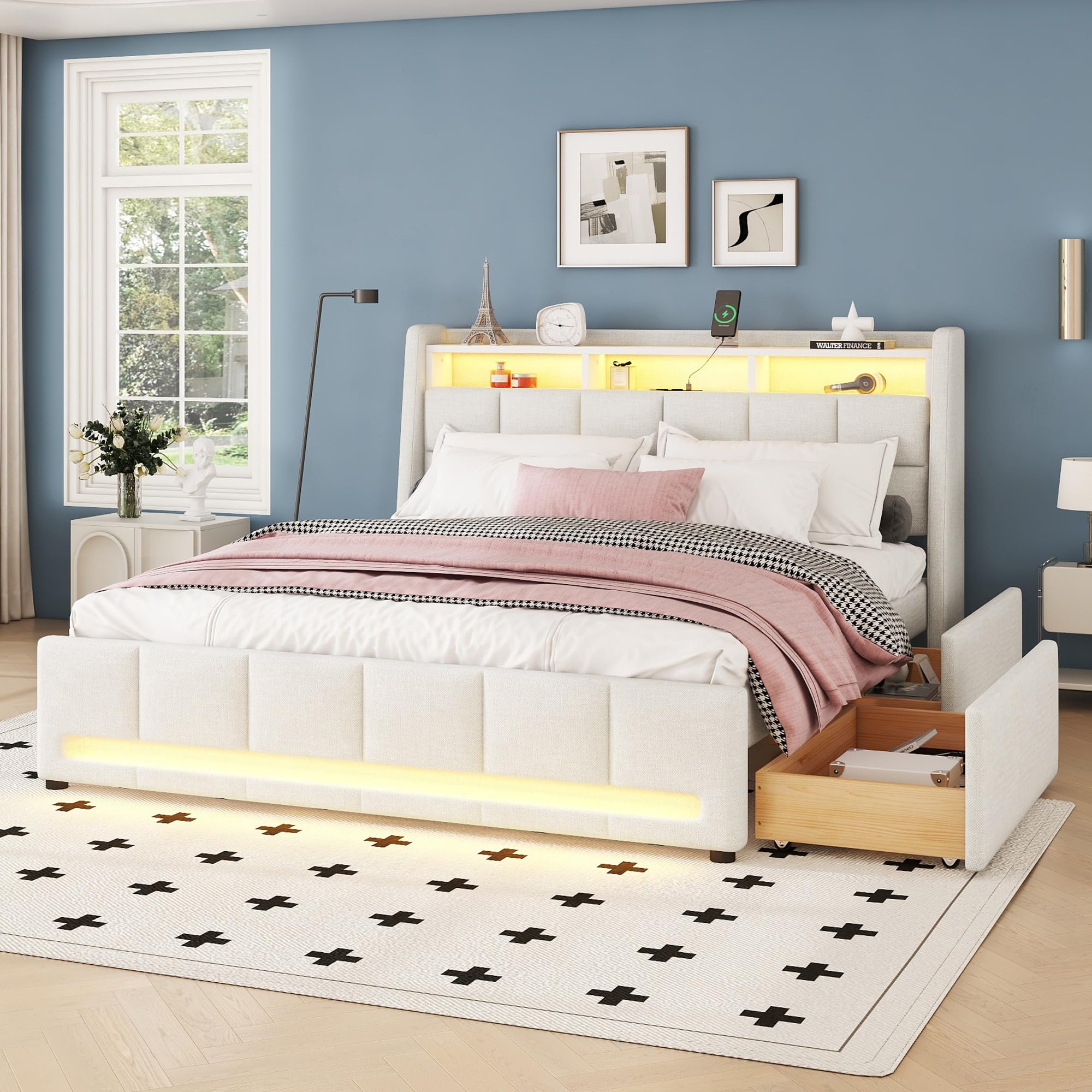 Aoskem Polsterbett Doppelbett 140x200 cm, LED-Bett mit 2 Schubladen, Kopfteil mit Stauraum & USB-Buchse, Stauraumbett Bettgestell mit Lattenrost, Funktionsbett Flachbett, Ohne Matratze, Leinen Beige