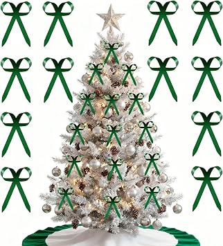 Daifunli 12 Pcs Green Metal Christmas Bow Ornaments for Christmas Tree Garland Wreath Bulk Bow with Clip Ornament Vintage Indoor Outdoor Home Xmas Party Decorations, 4 x 5 Inches