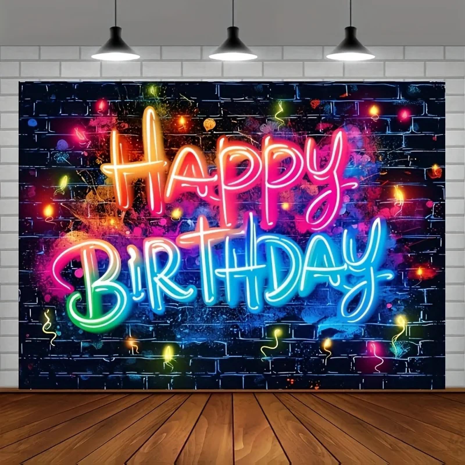 1pc Neon Happy Birthday Party Banner Cegła Ściany Splash Graffiti Projekt Wiele Rozmiary Do Wyboru