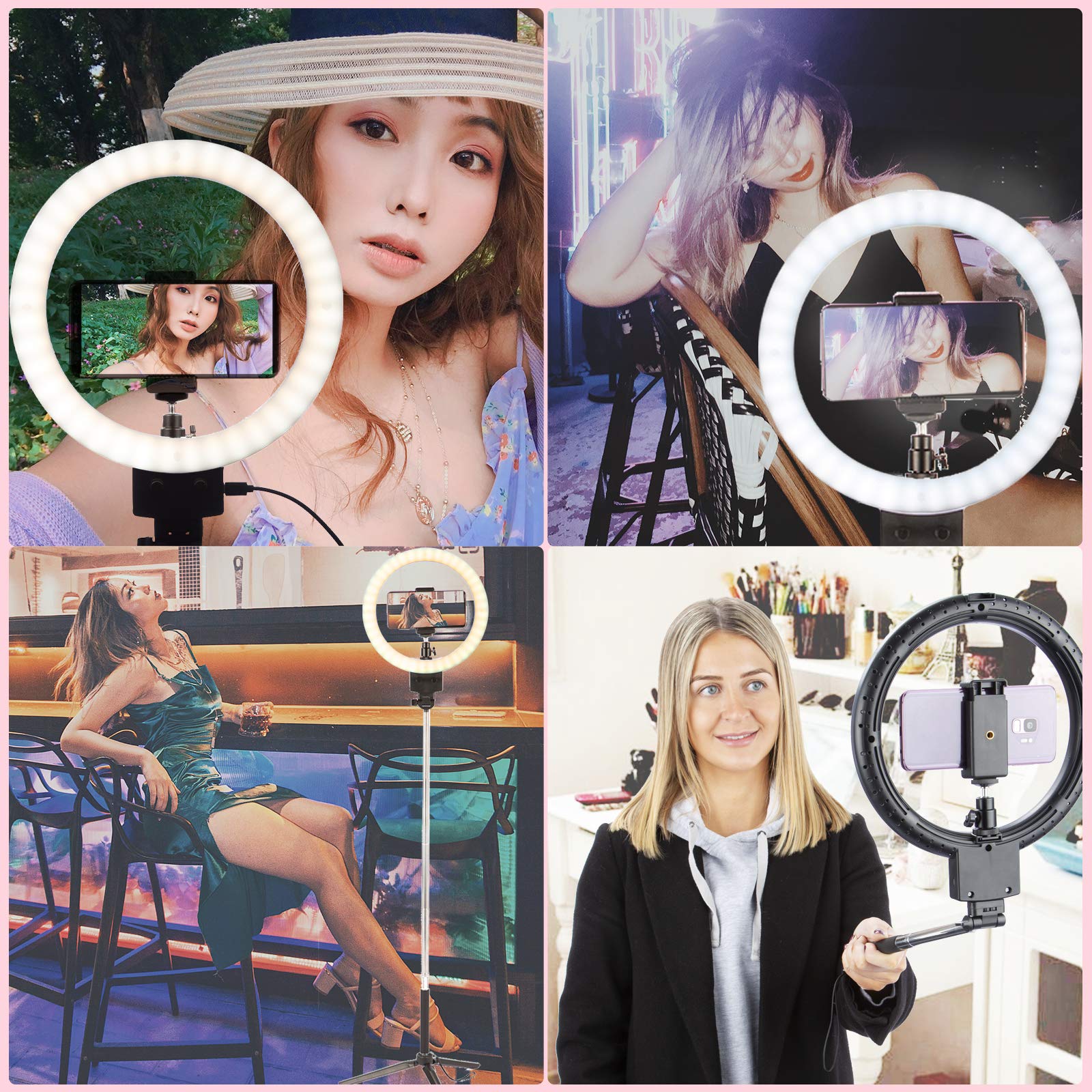 Luce ad anello per selfie con treppiede e supporto per telefono, luce ad anello LED da 9 pollici dimmerabile, 4 modalità di illuminazione e 11 livelli di luminosità per trucco, streaming live