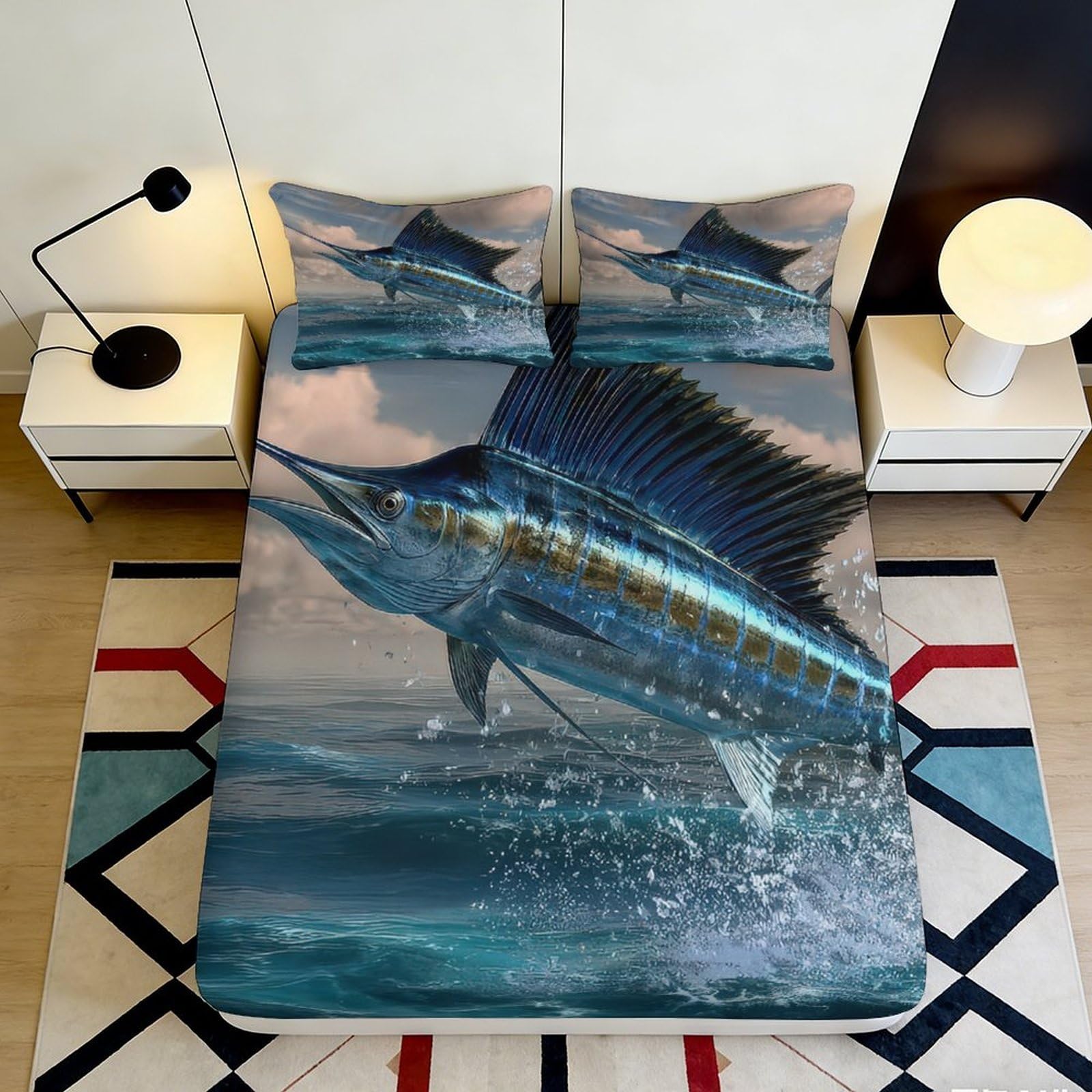 3D Printed Blue Marlin Ocean Fitted Sheet Microfiber Soft Bed Cover for Bedroom Guest Room Mattress Decor 90x200x25cm