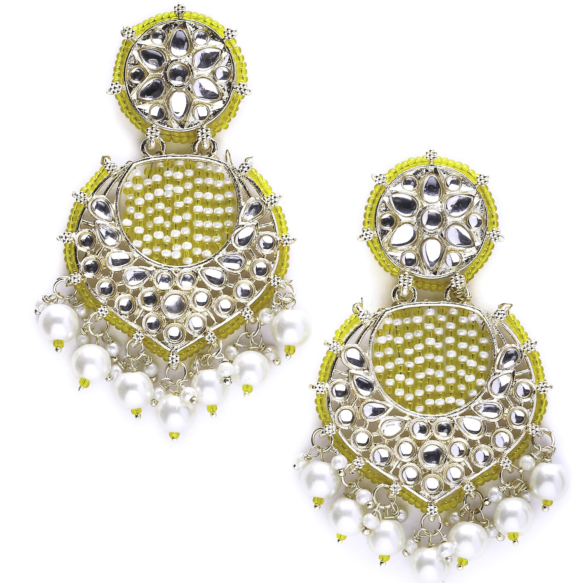 ZENEME Gold-Plated Beads Pearls & Kundan Studded Handcrafted Crescent Shaped Drop Earrings For Girls and Women (Yellow) (B0CG9YYQZ5) Amazon Price History, Amazon Price Tracker