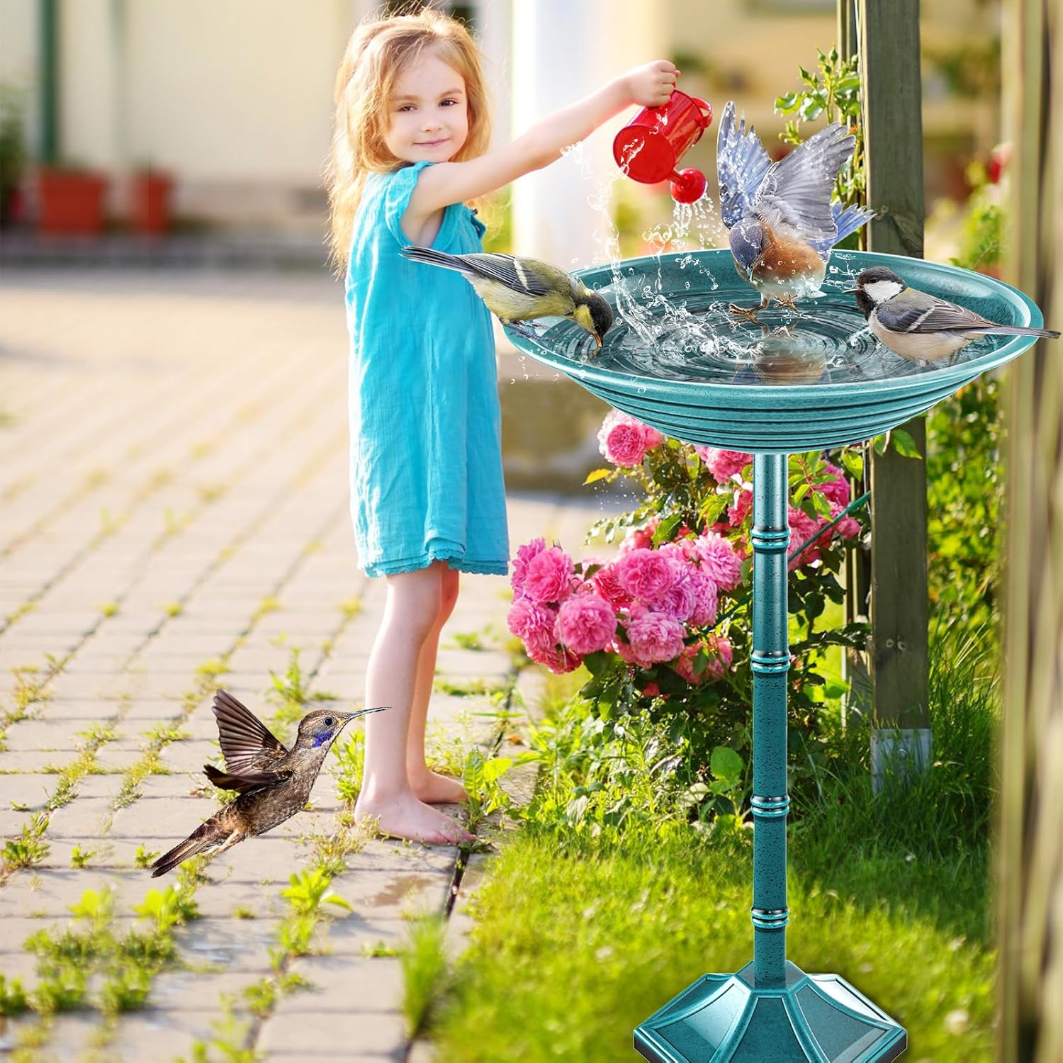Bird Bath for Outside with Pedestal, Vintage Freestanding Garden Metal Birdbaths & Birdfeeder, Birdbaths Bowl Bird Baths for Outdoors Yard Garden Lawn Decor (Green)
