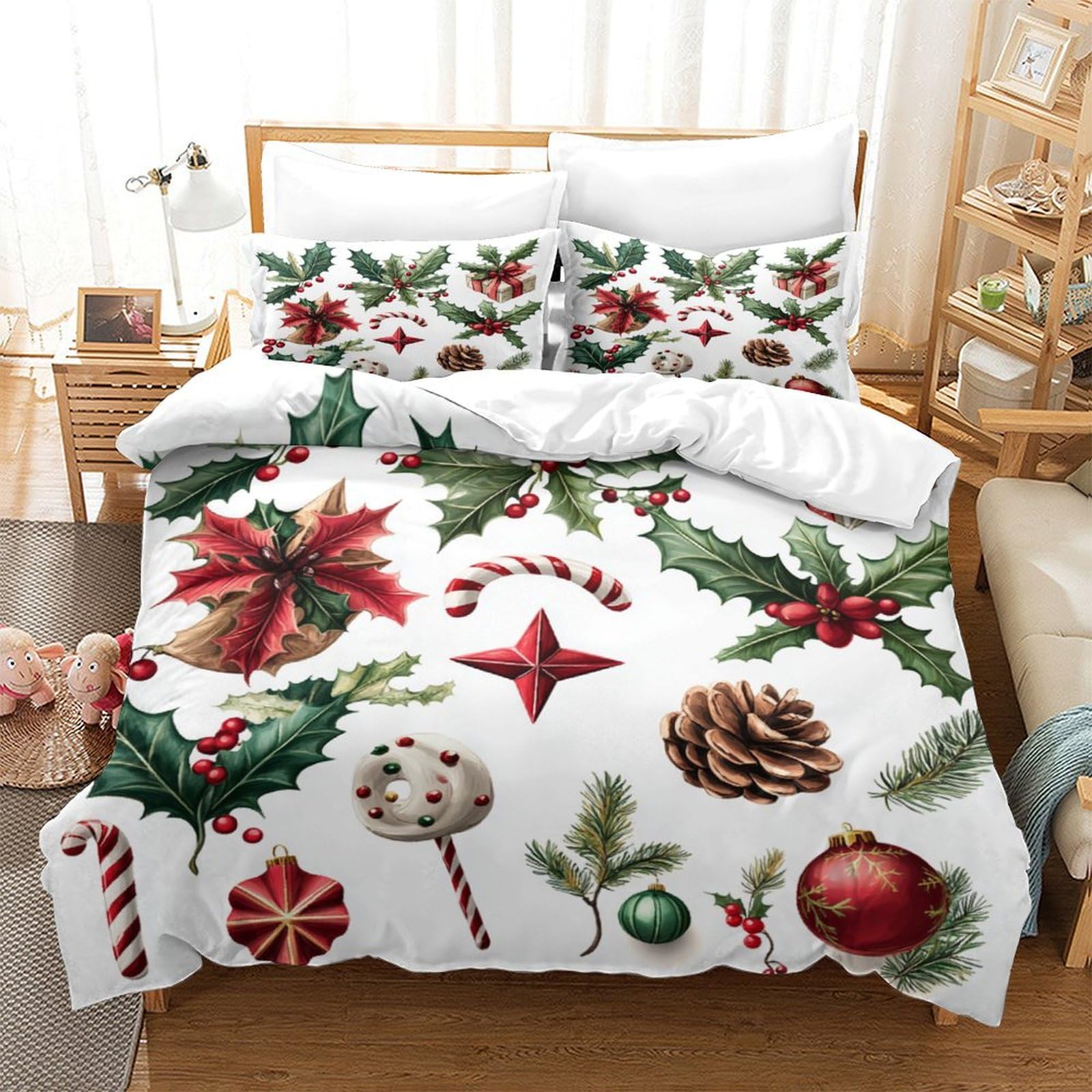 OFLAMIRUX Christmas Elements Duvet Cover Set 3 PCS Hotel Quality Quilt Cover Bedding Sets Bed Covers with Pillowcases with Zipper Closure Ultra Soft Anti Allergic Microfiber King（220x240cm）