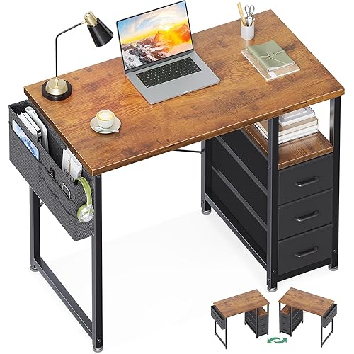 AODK 32" Small Computer Desk with Fabric Drawers, Kids Girls Teen Study Writing Desk for Bedroom, Home Office Desk with Storage Shelf & Bag for Small Space, Vintage