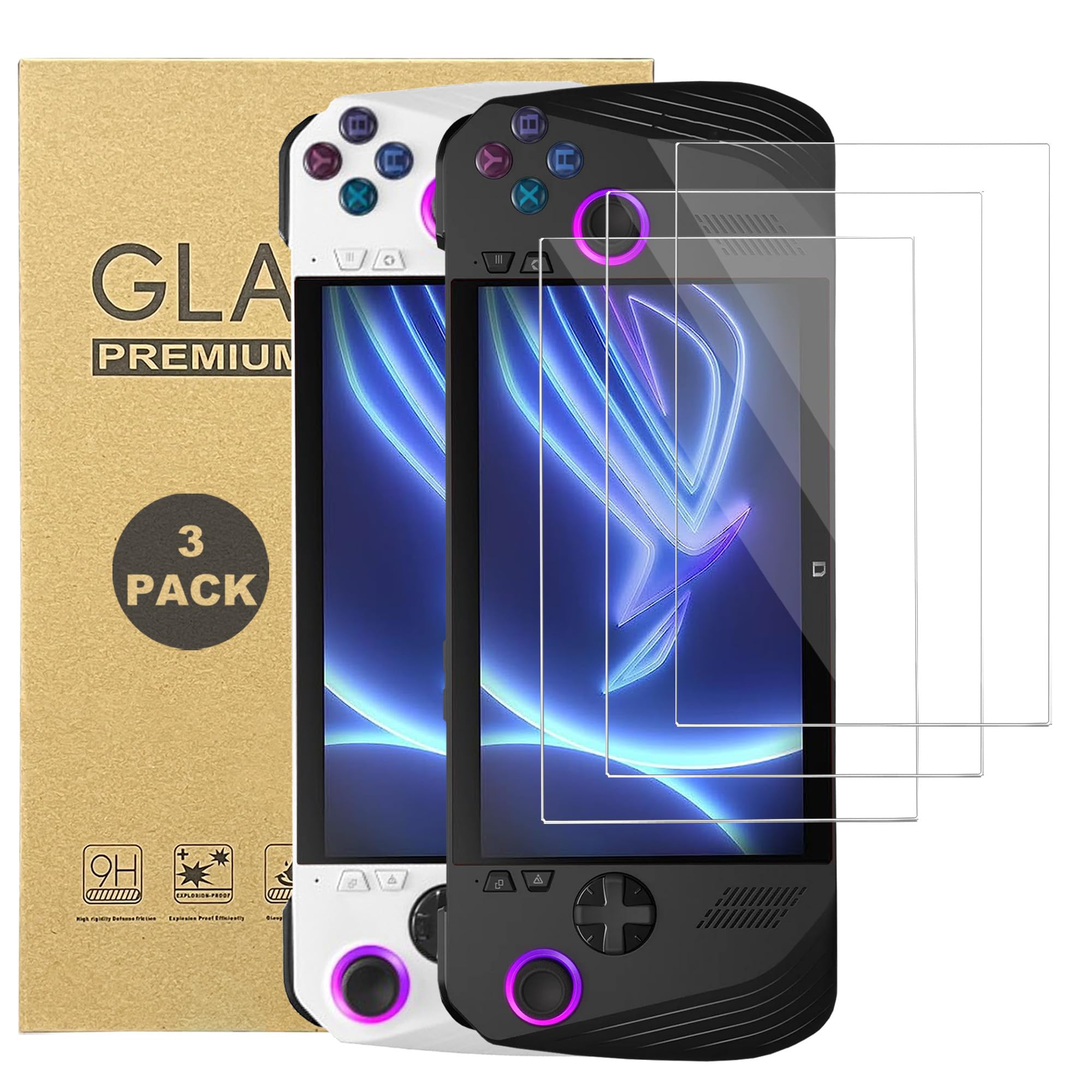 Protection d'écran pour Rog Ally RC71L Protection d'écran en verre trempé pour ASUS ROG Ally Gaming Handheld 9H Hardness Fully Covered Ultra HD Anti-Fingerprint Bubble Free Tempered Glass Film 3 Pack