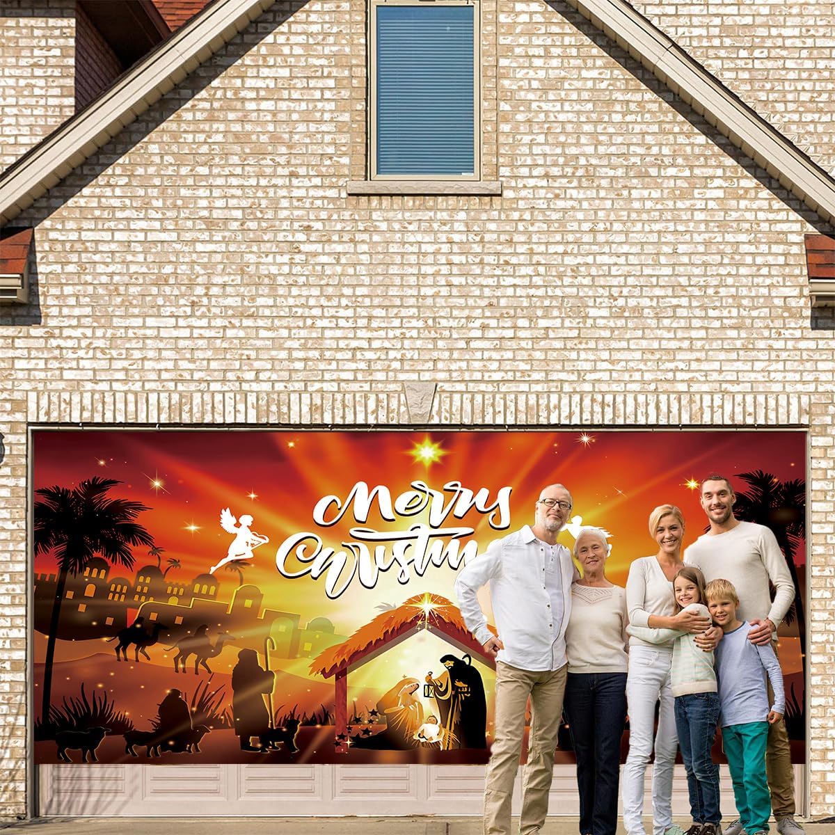 7x16FT Christmas Garage Door Cover, Nativity Scene Garage Door Banner Decorations, Merry Christmas Backdrop for Xmas Holiday Winter New Year Eve Party Decorations Supplies