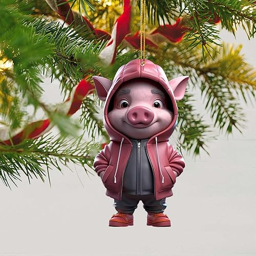 Lindo adorno colgante de cerdo, cerdito en sudadera, decoración de Navidad, adorno colgante para árbol de Navidad (plano 2D) (B)