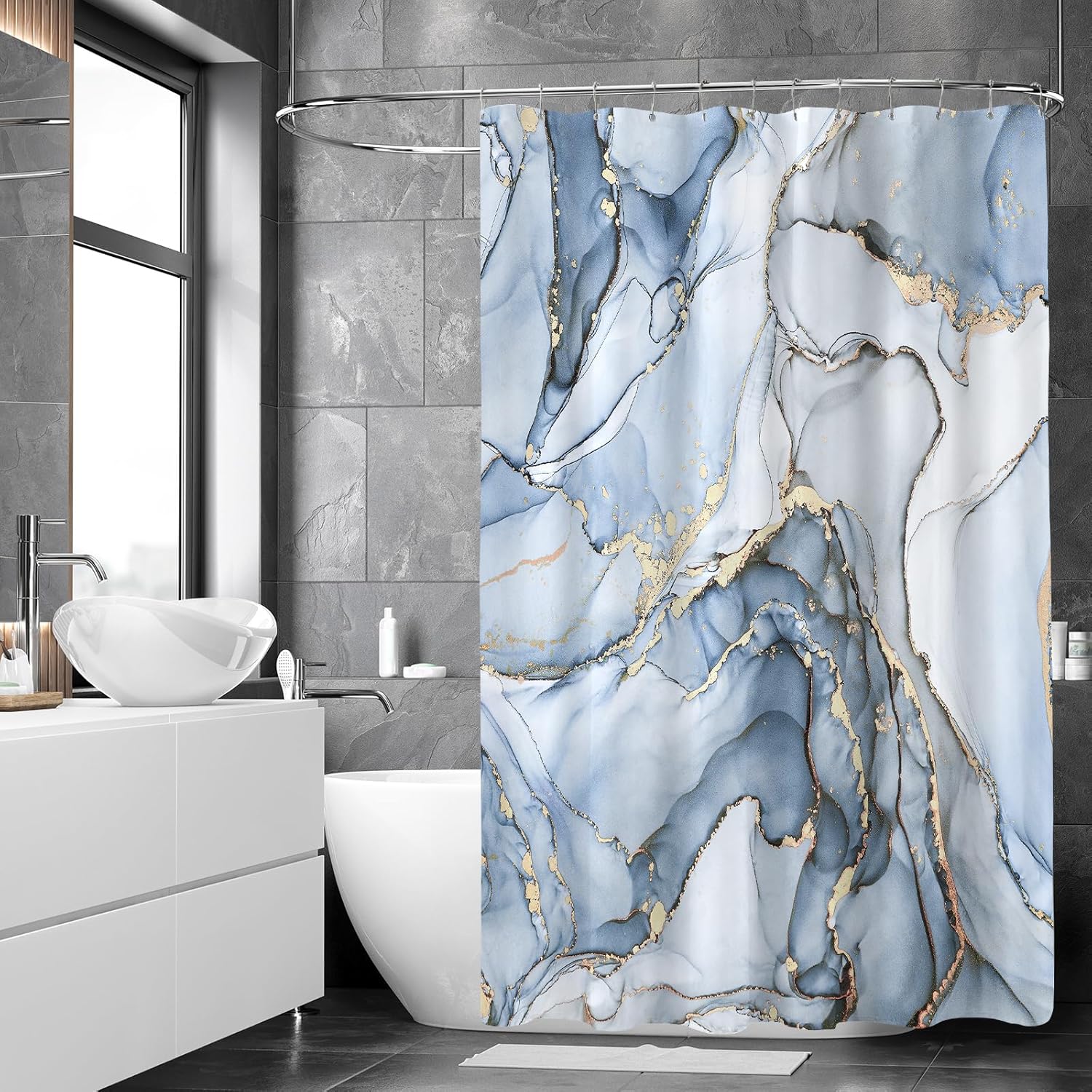 Long Shower Curtain 72 x 78 Inch, Tall Abstract Marble for Bathroom, Light Blue Gold Modern Luxury Art Decor Ink Texture Fabric Shower Curtain Set with Hooks