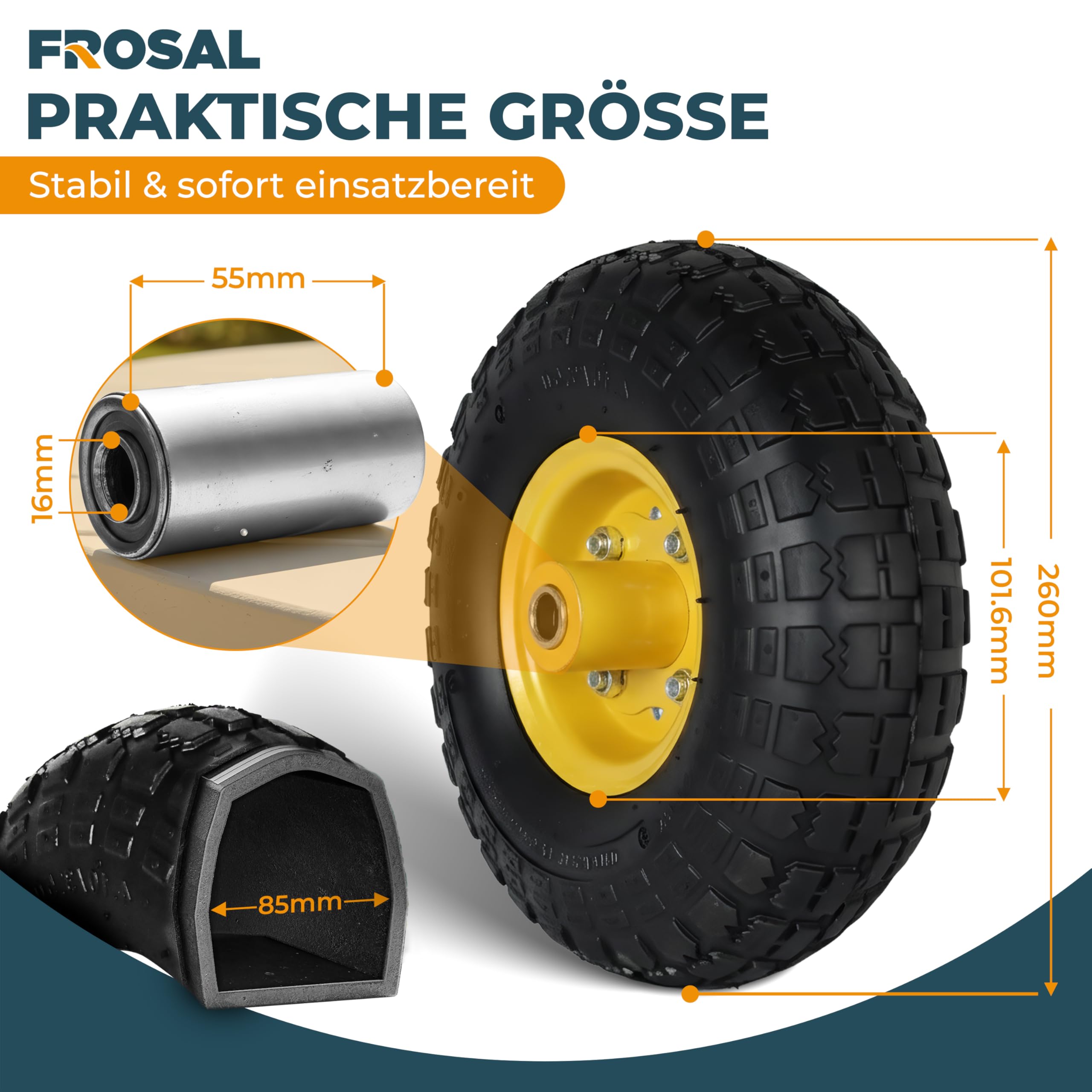 FROSAL 2x Luftreifen 260 mm 4.10/3.50-4 – Ersatzrad für Bollerwagen, Sackkarre & Transportwagen – Ø ca. 260×85 mm – Achse Ø16 mm Nabenlänge 55 mm – Stahlfelge gelb Ø120 mm – Kugellager – Luftrad