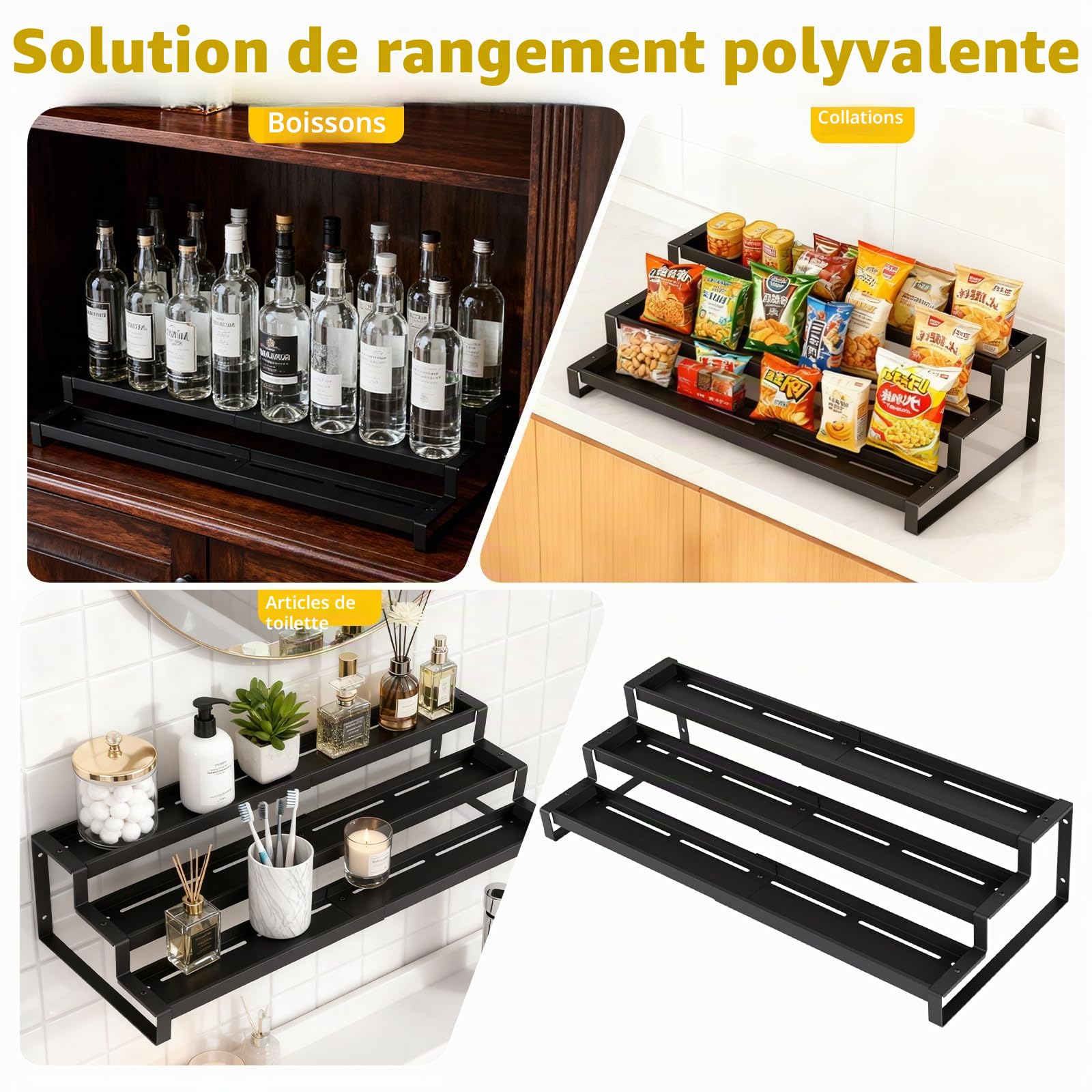 Étagère à épices à 3 niveaux extensible de 36 à 66 cm, grand organisateur d'assaisonnement, étagère à épices pour garde-manger, cuisine, comptoir, salle de bain