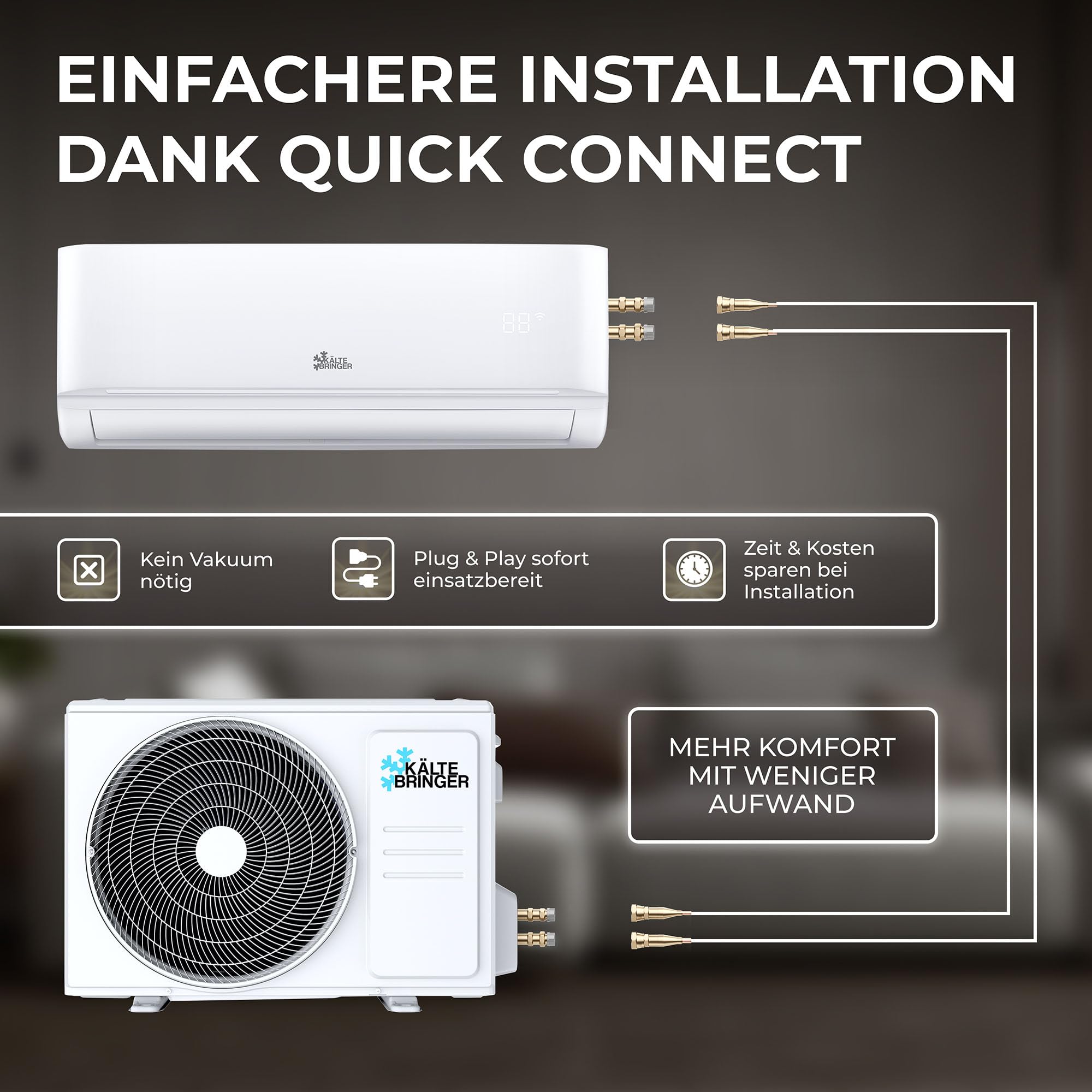 Kältebringer Split Klimaanlage Quick Connect - 12000 BTU (3,5 kW) - Klimagerät mit Heizfunktion, WiFi & App, bis 55qm, sehr leise - 5m Kupferleitung, Kältemittel R32, Montagematerial, Wandhalterung