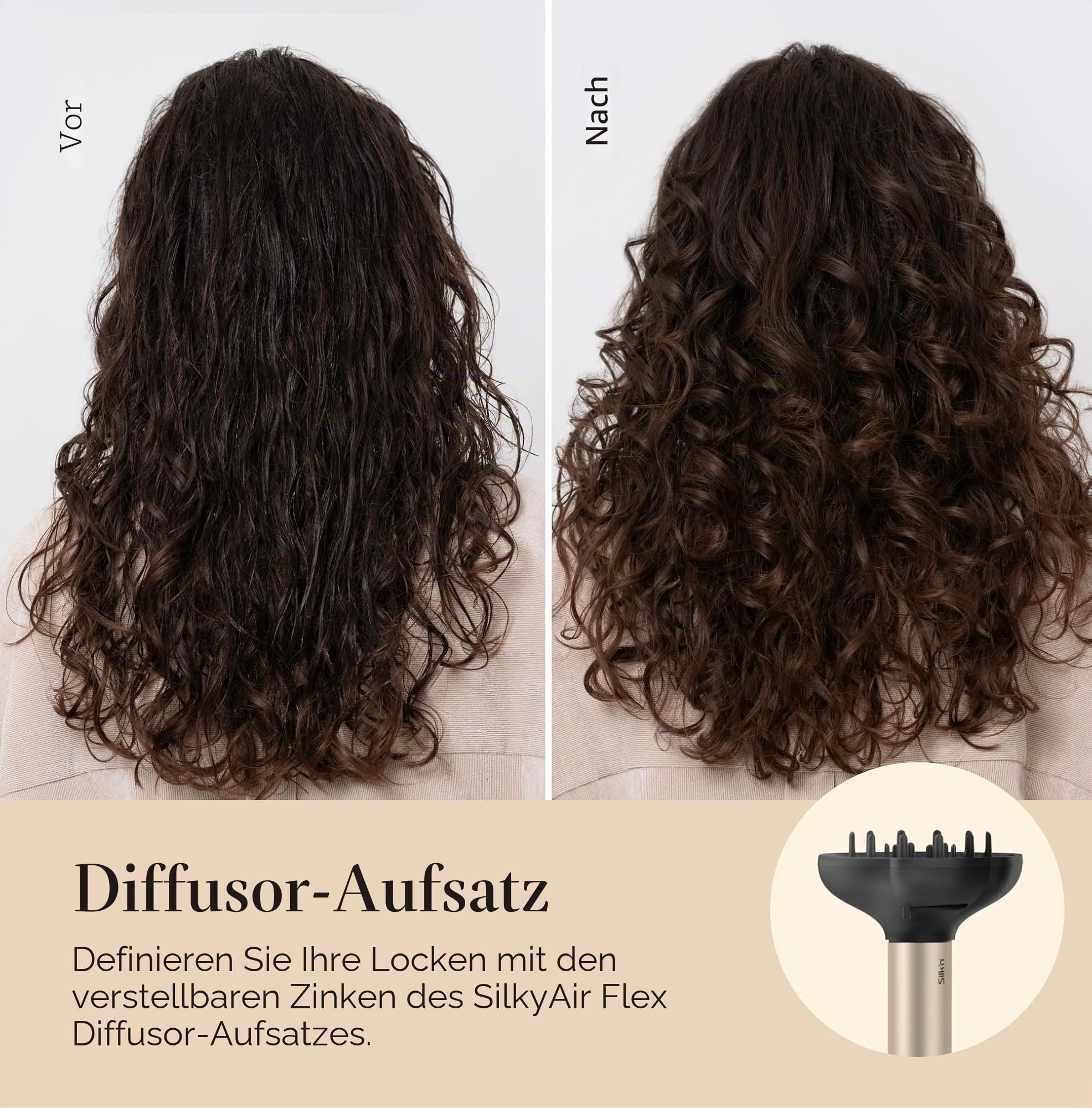 Silk'n air styler 5 in 1 SilkyAir Flex Curly and Wavy Heizbürste mit 5 Zubehörteilen, Rotierende Föhnbürste, Volumenbürste, Diffusor und mehr, 1300W Haartrockner, Schwarz