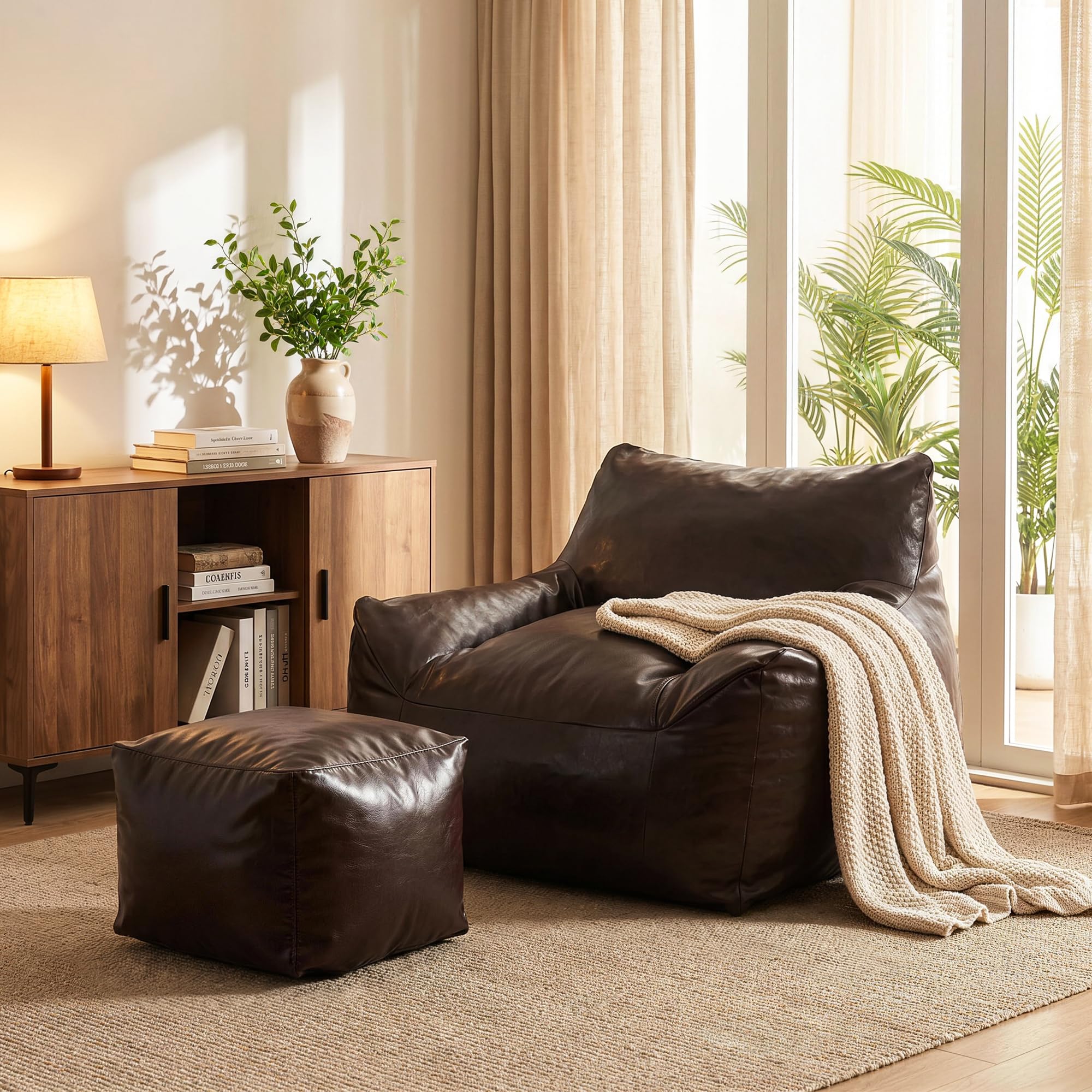 Pamapic Bean Bag, Bean Bag Chair Indoor Outdoor Weather Resistant, Large Beanbag Sofa with Footstool, BeanBag Adult with FIlling Included, Comfy Chair for Gaming Room, Bedroom, Faux Leather, Brown