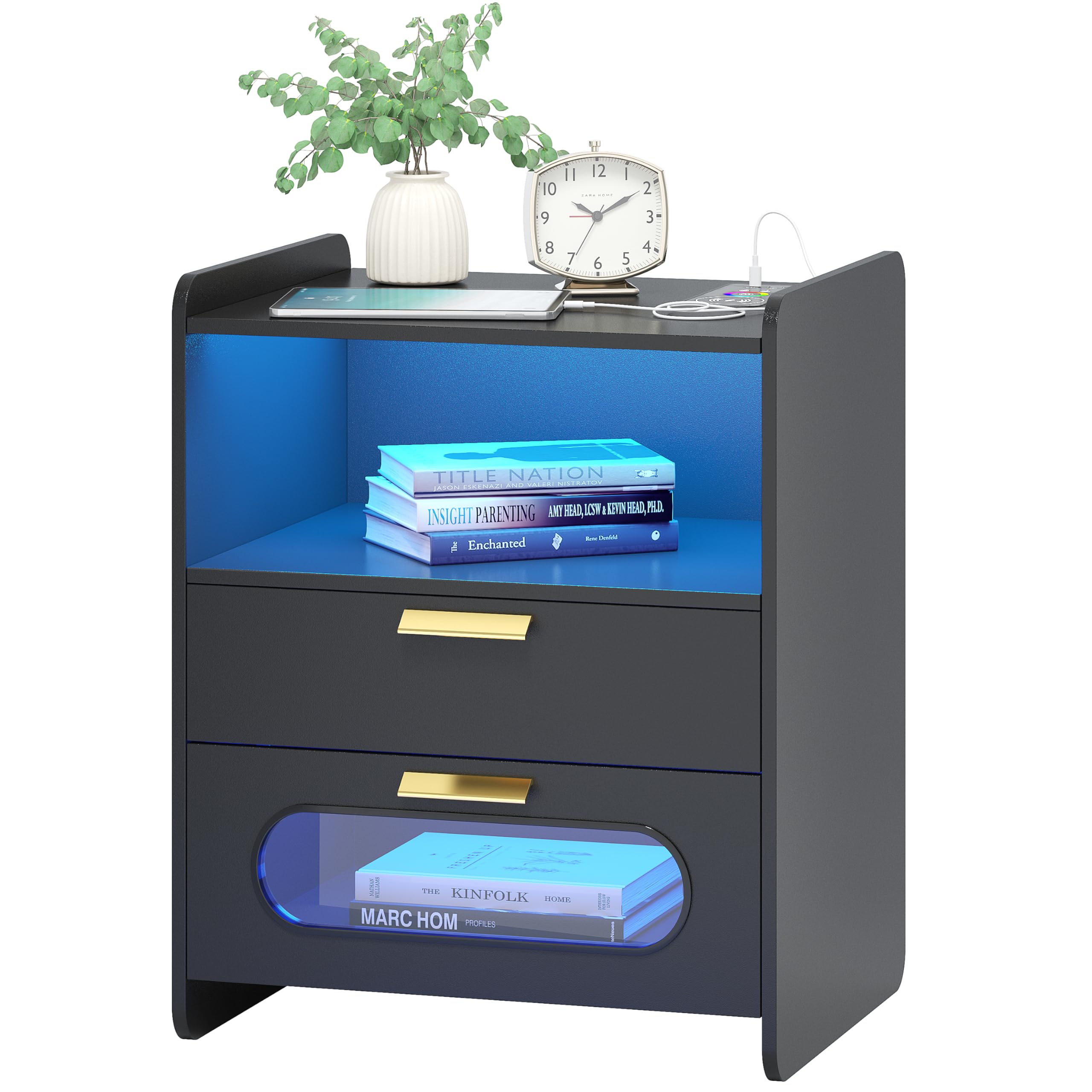 Nightstand with Wireless Charging Station, Modern Bedside Table with 24 Color LED Lights, Smart Night Stand has Auto Sensing Function/USB Ports, Black End Table