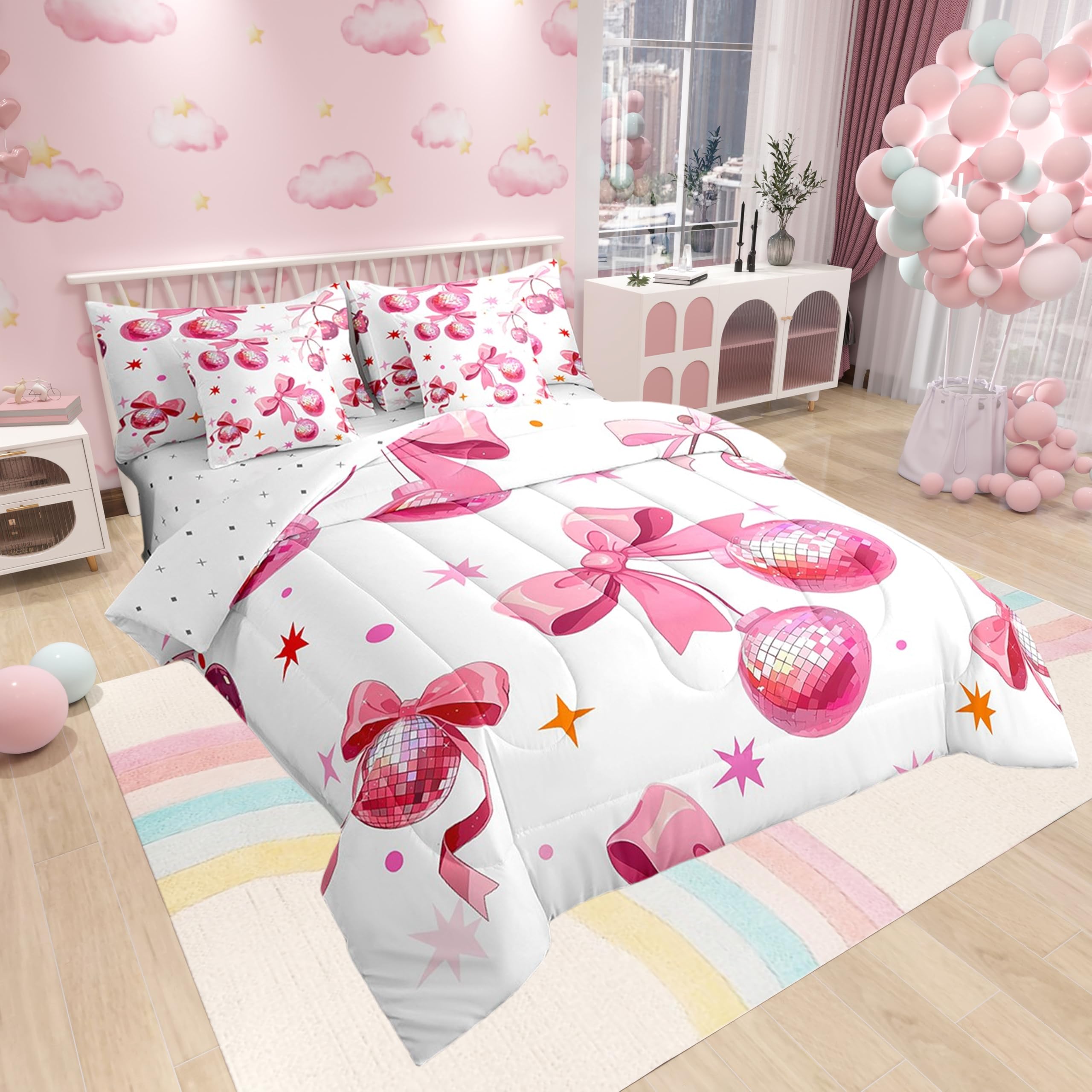 Juego de edredón de 7 piezas con música pop de los años 70 y 80, juego de cama rosa con bola de discoteca cereza, ropa de cama estilo princesa con lazo femenino en una bolsa, tamaño Queen (1 edredón,