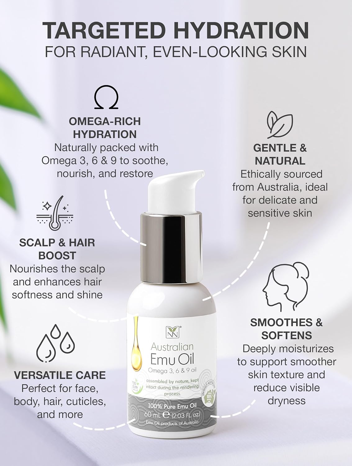 Y Not Natural Pure Emu Oil - Organic Moisture for Face, Body, Hair, Scalp & Nails - Rich in Omega 3-6-9, Vitamins & Essential Minerals - Australian Emu Oil (60ml) 2.03 fl oz -Unscented