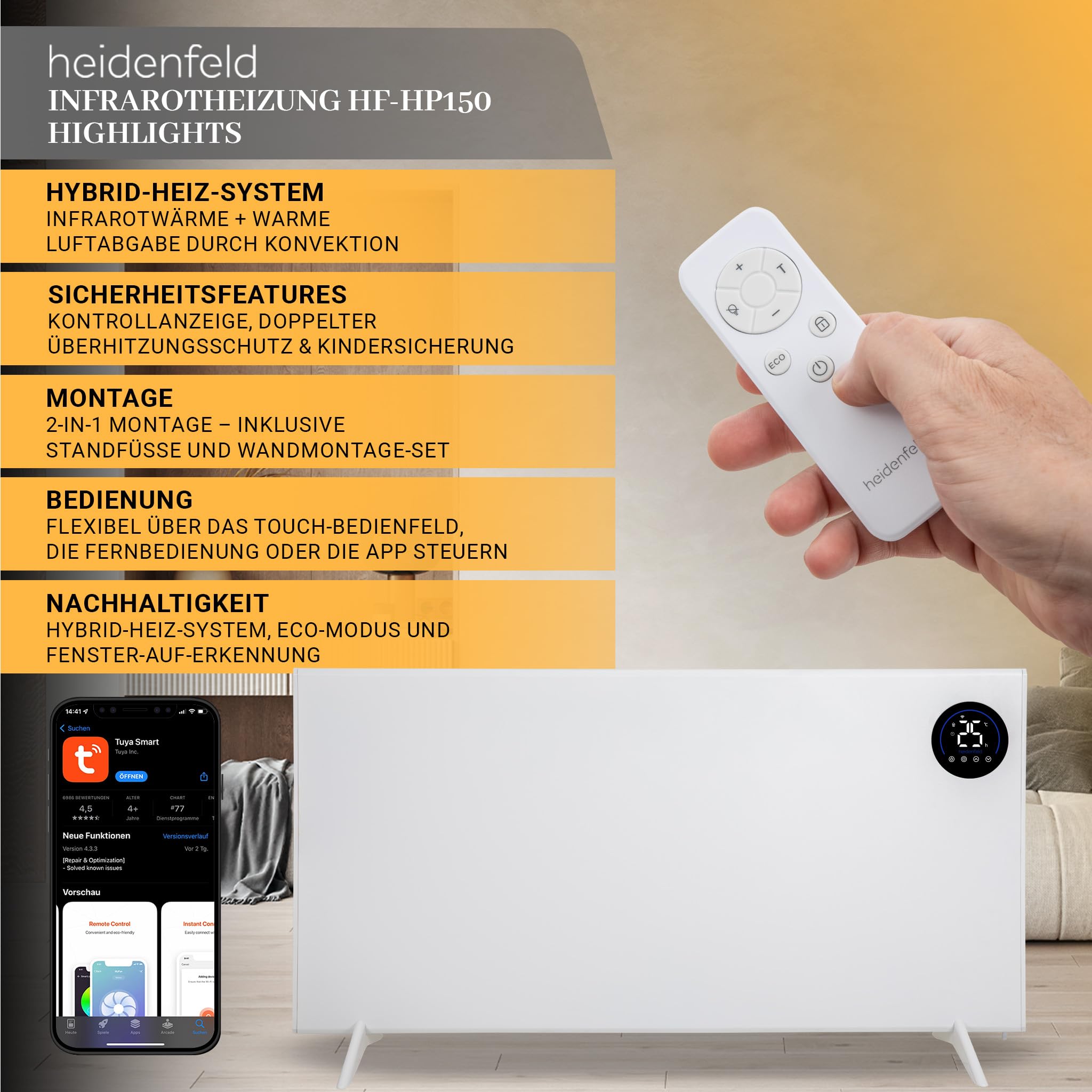 Heidenfeld Infrarotheizung & Konvektor HF-HP150 | 1000 Watt bis 25 m² | Hybrid Heizung | Steuerung via App | Fernbedienung | Touch-Bedienfeld | Infrarot Heizkörper mit Thermostat (HF-HP150 1000 Watt)