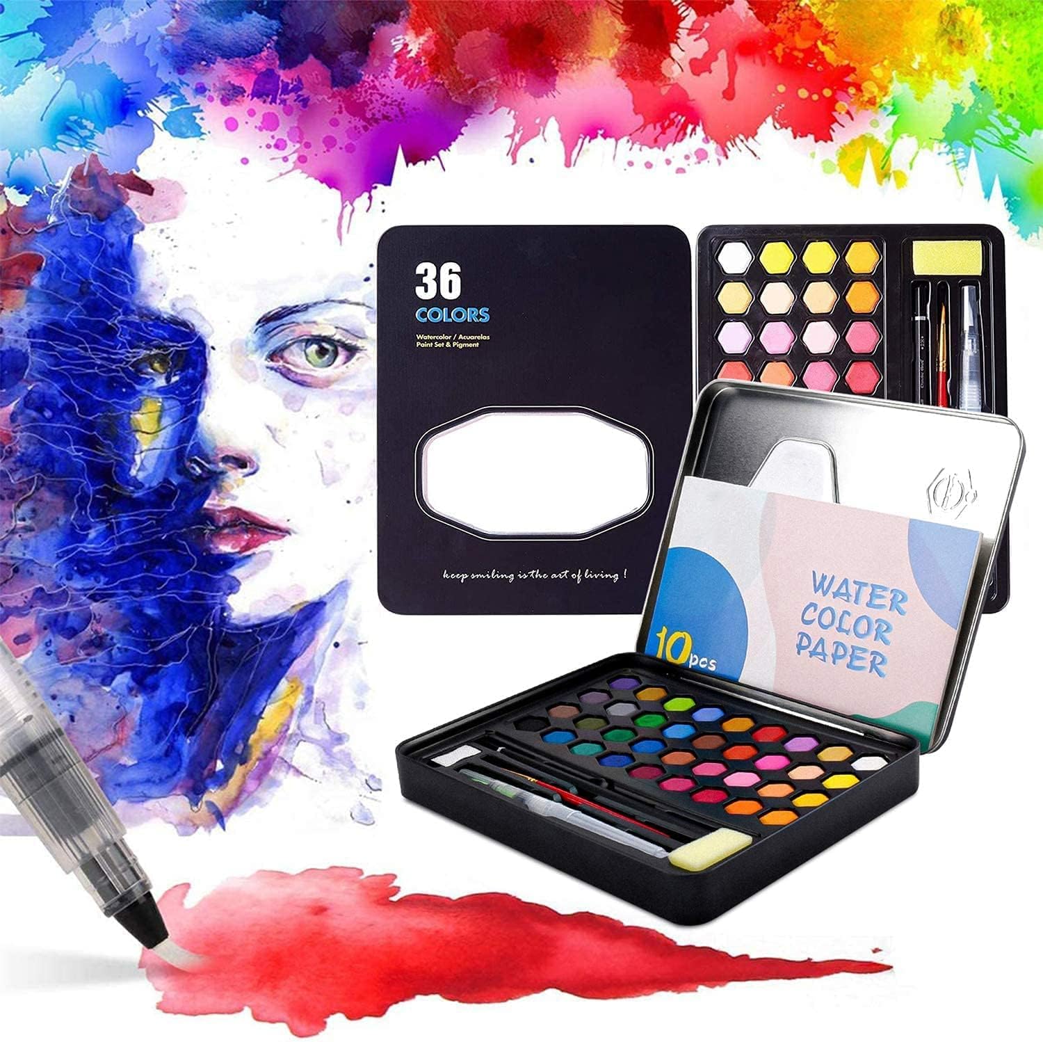 like it 36 Watercolor Paint Sets Water Color Pigment School Painting Drawing Art Supplies With Painting Brush And Sponge Tin Box Set 36,Multicolor