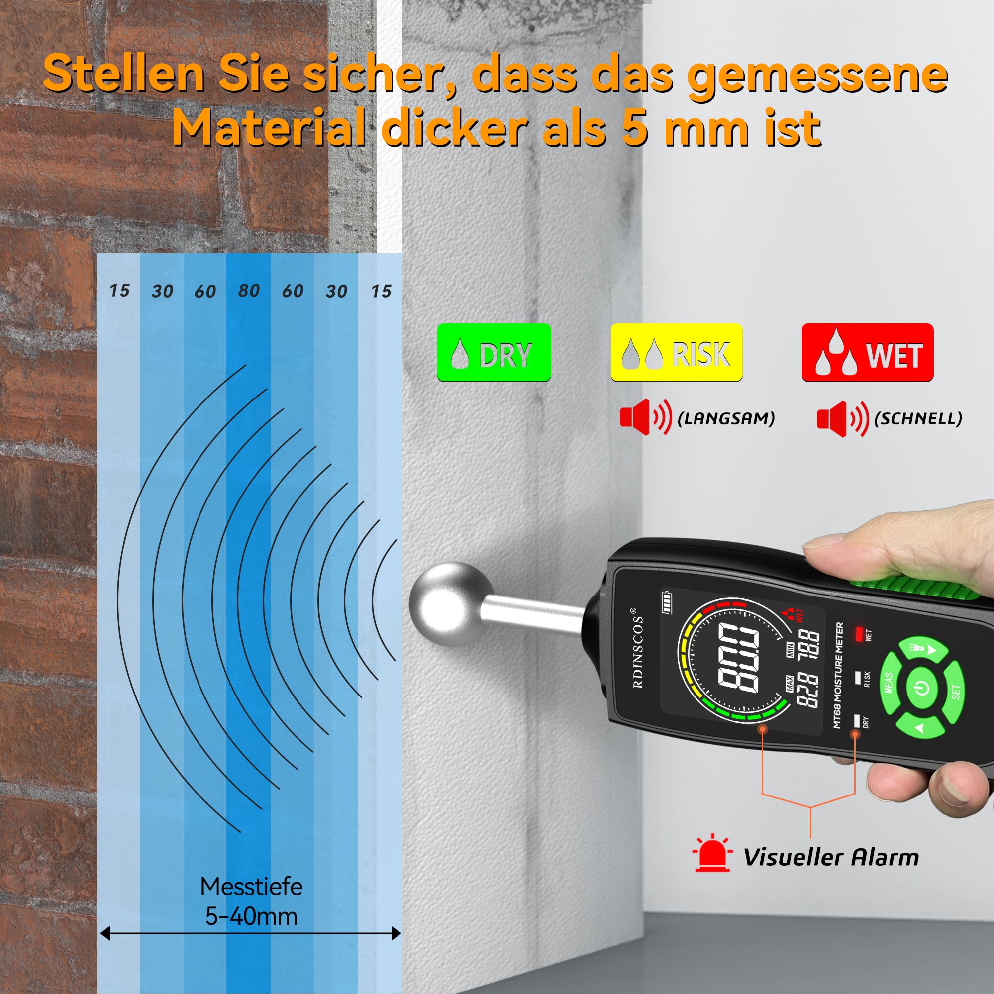 RDINSCOS Feuchtigkeitsmessgerät – Wandfeuchtigkeitsmesser und Holzfeuchtemessgerät, Zerstörungsfreie Messung, Baufeuchtemessgerät für Holz, Wand, Decke, Boden, Wohnmobil